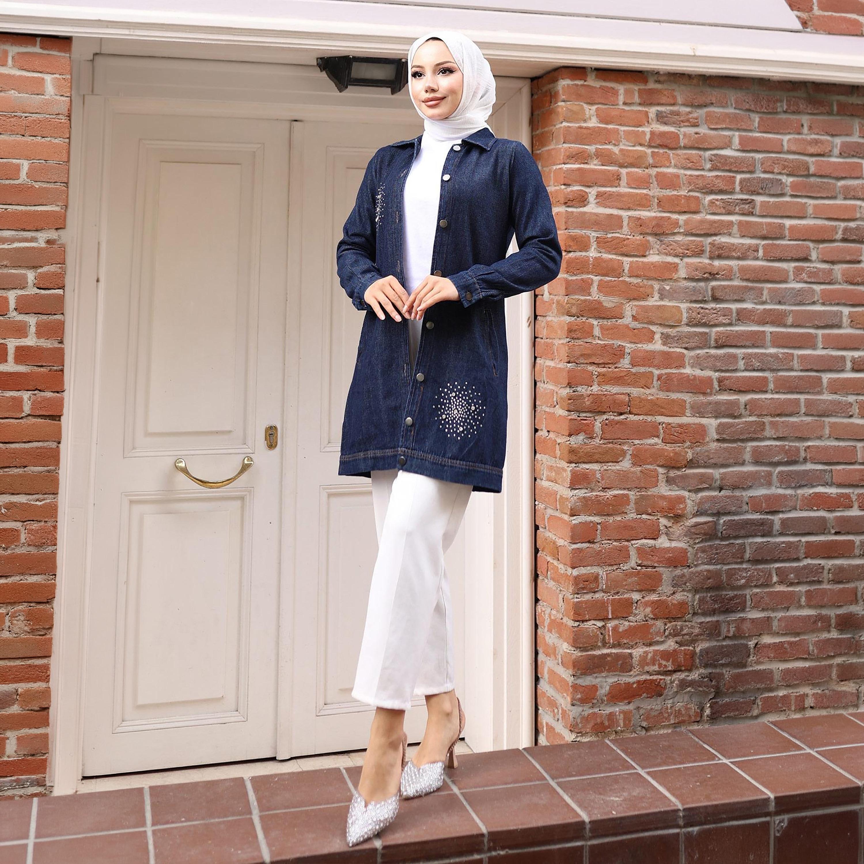 Turkish Souq Stone Work Women's Denim Shirt-women-arabicclothing-blouses-image-4