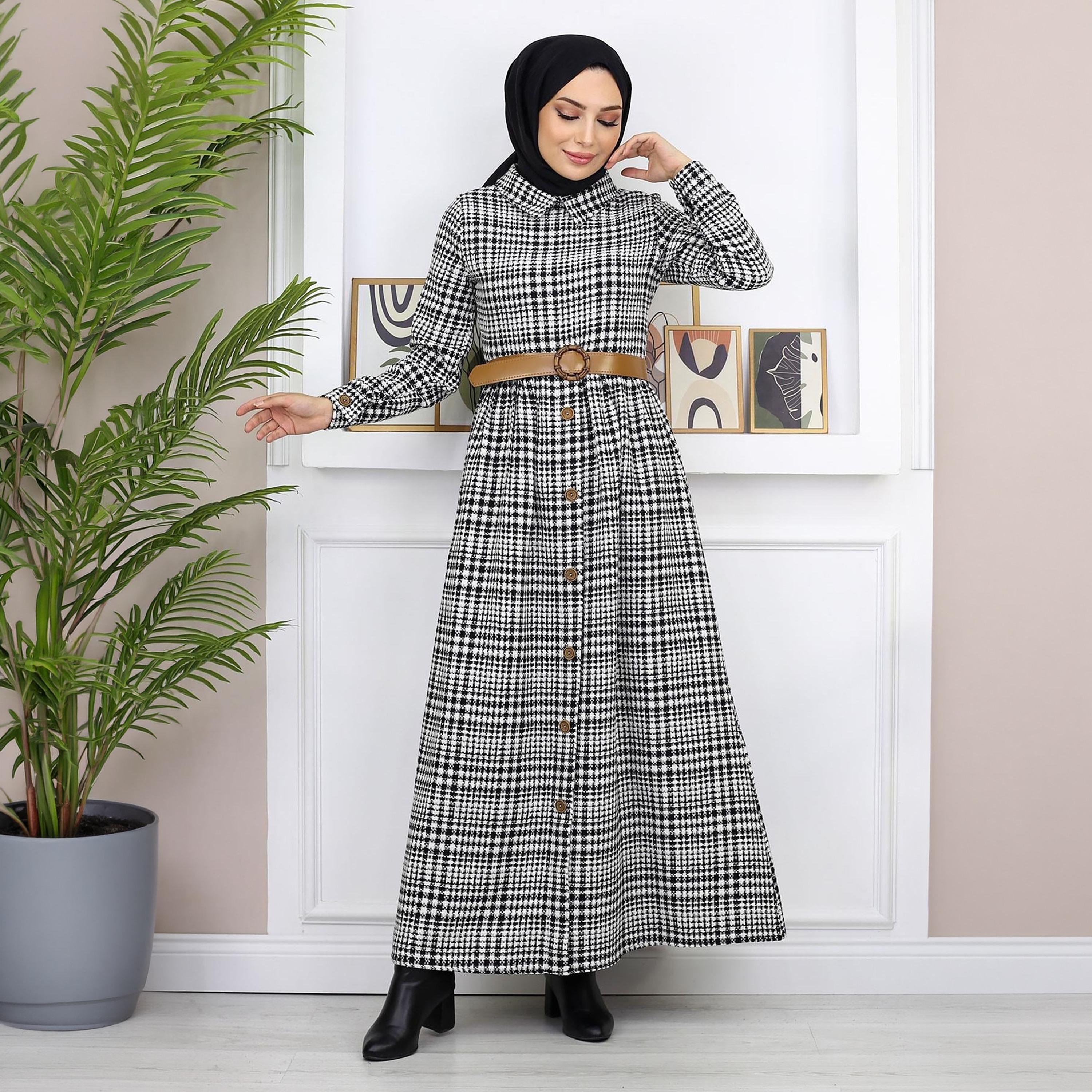 Turkish Souq Checked Black Women's Maxi Modest Dress in Cashmere-women-clothing-dresses-image-1
