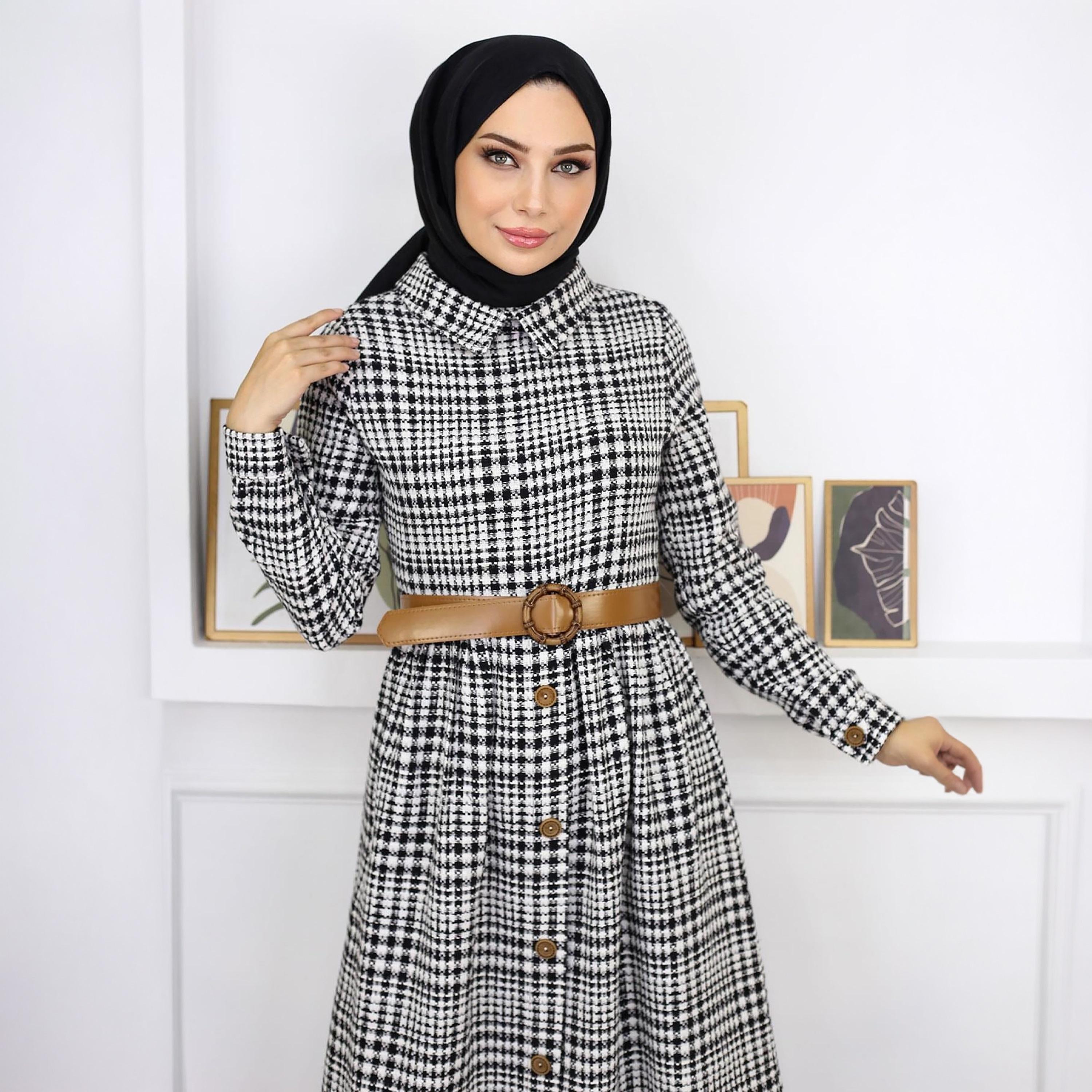 Turkish Souq Checked Black Women's Maxi Modest Dress in Cashmere-women-clothing-dresses-image-2