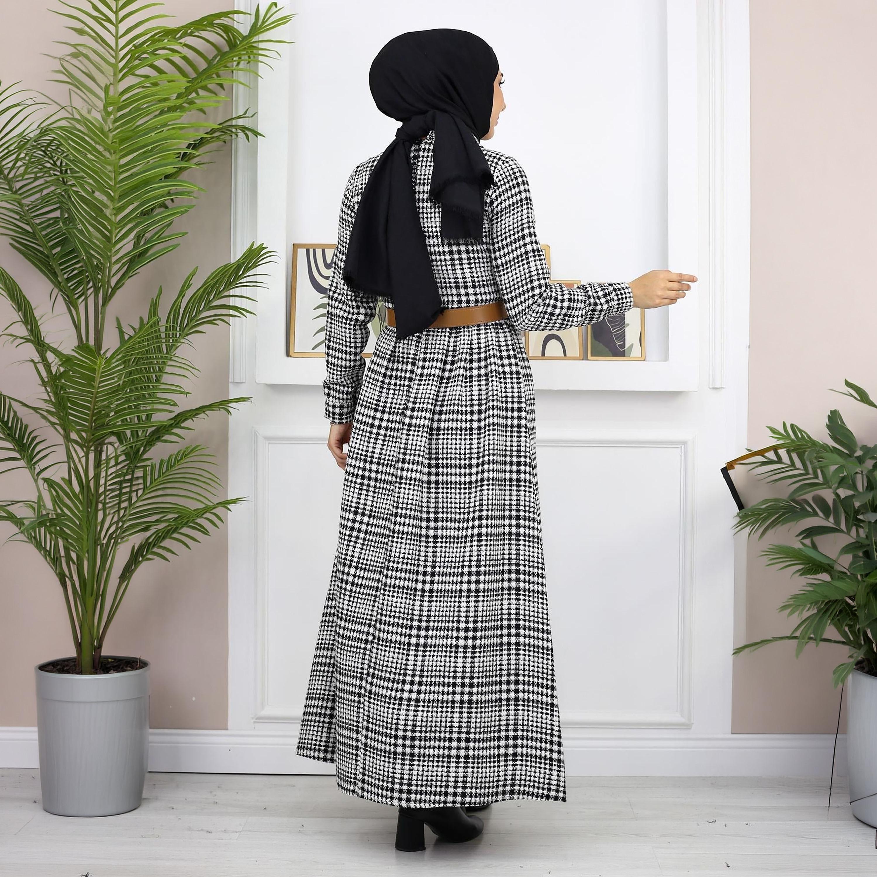 Turkish Souq Checked Black Women's Maxi Modest Dress in Cashmere-women-clothing-dresses-image-3
