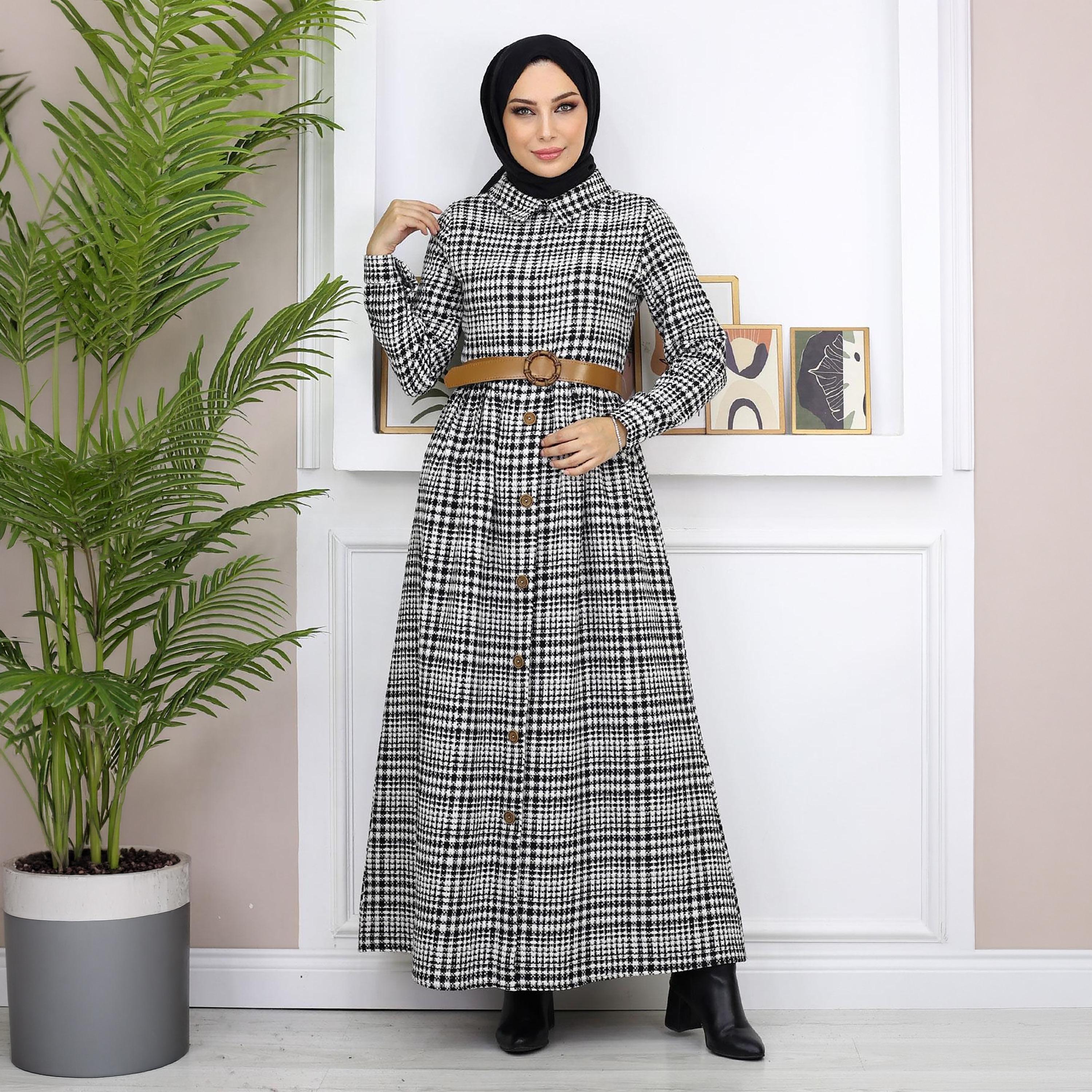 Turkish Souq Checked Black Women's Maxi Modest Dress in Cashmere-women-clothing-dresses-image-4