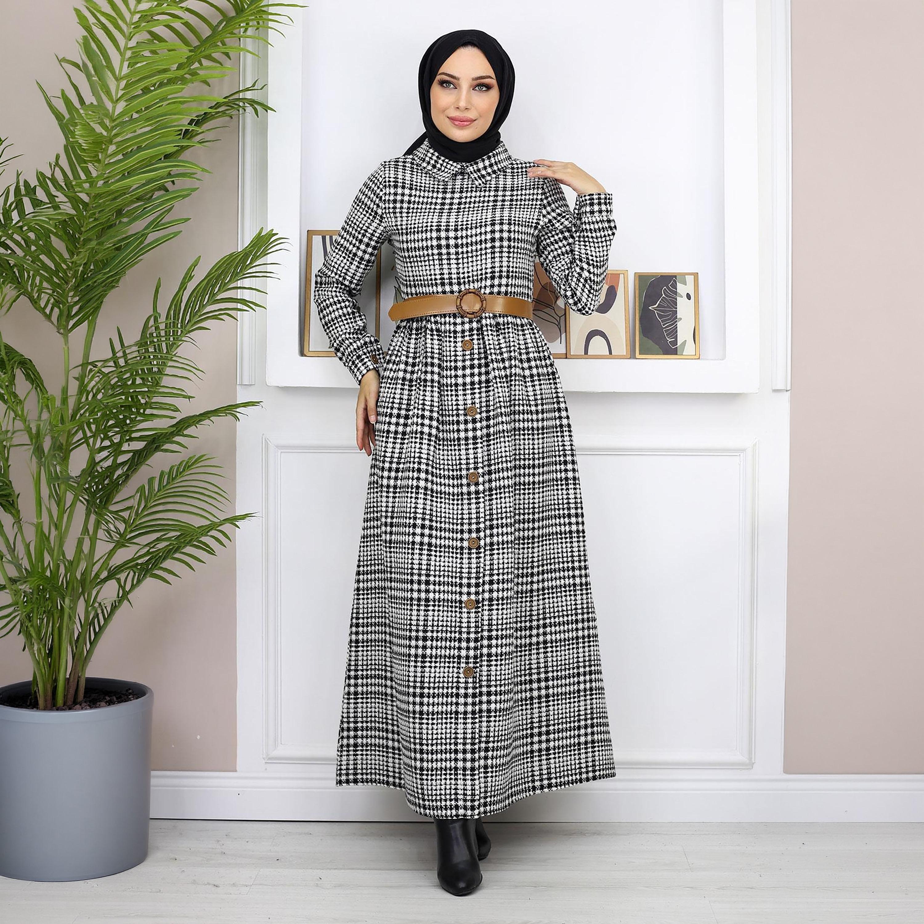 Turkish Souq Checked Black Women's Maxi Modest Dress in Cashmere-women-clothing-dresses-image-5