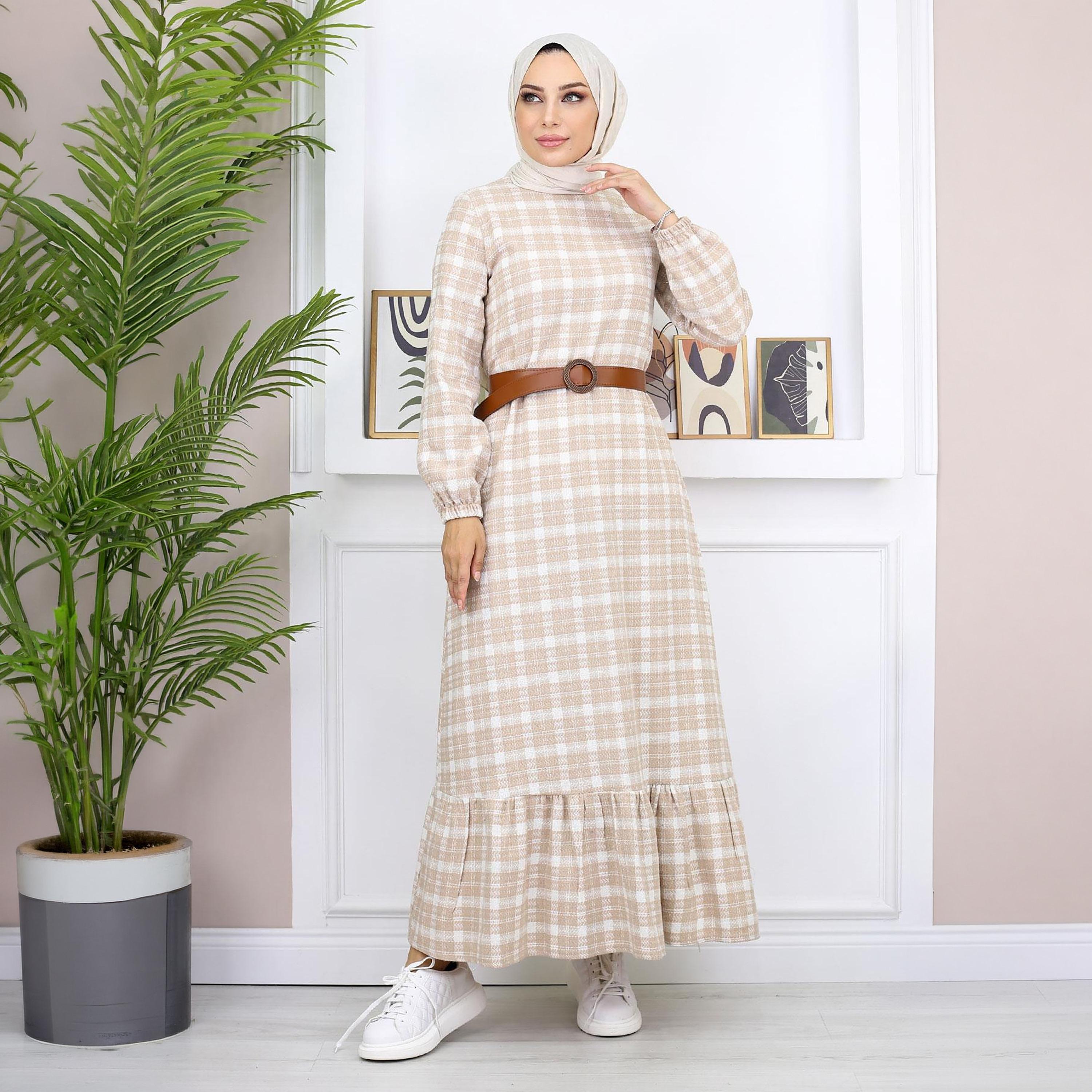 Turkish Souq Checked Elasticated Cuff Sleeves Women's Maxi Modest Dress in Cashmere-women-clothing-dresses-image-1