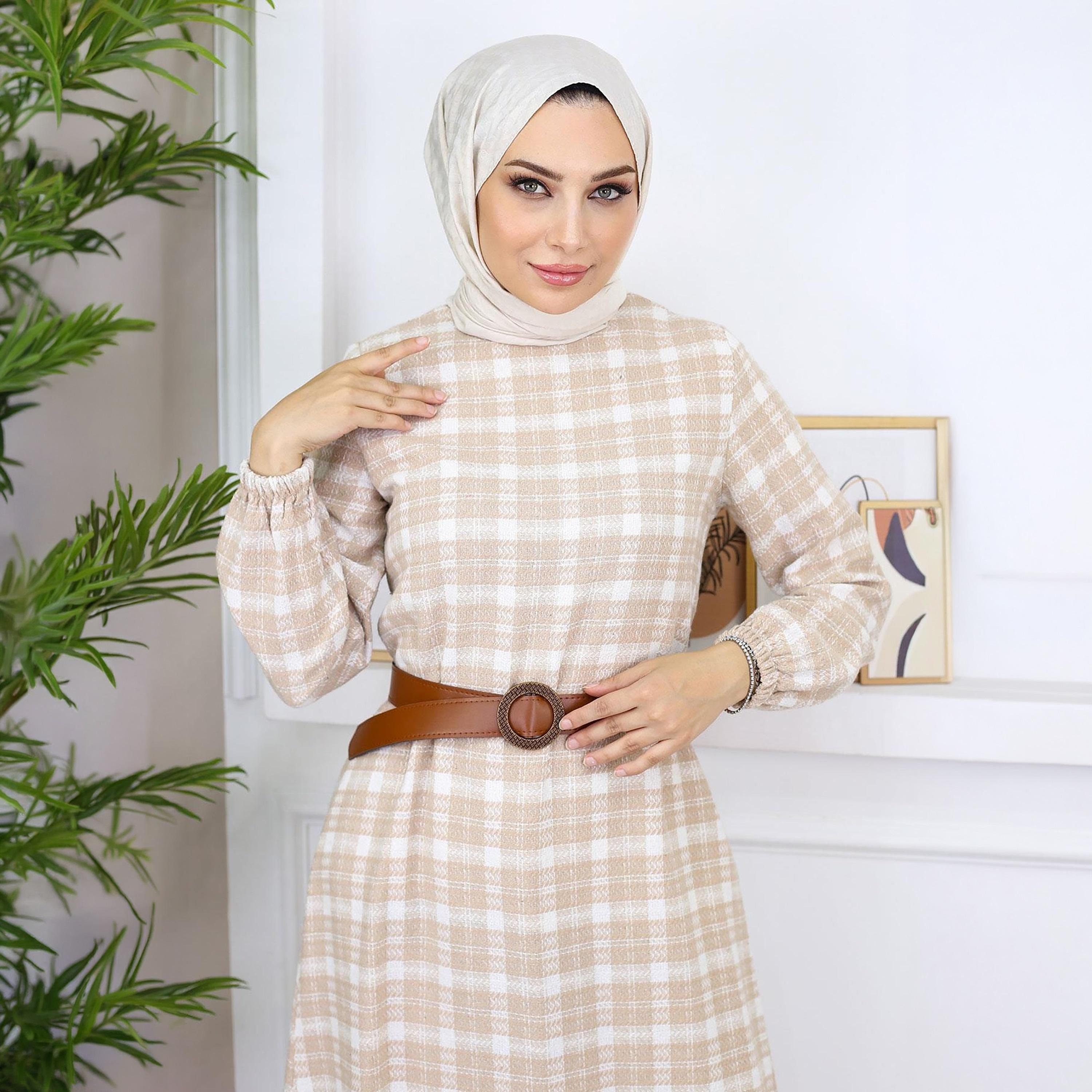 Turkish Souq Checked Elasticated Cuff Sleeves Women's Maxi Modest Dress in Cashmere-women-clothing-dresses-image-2