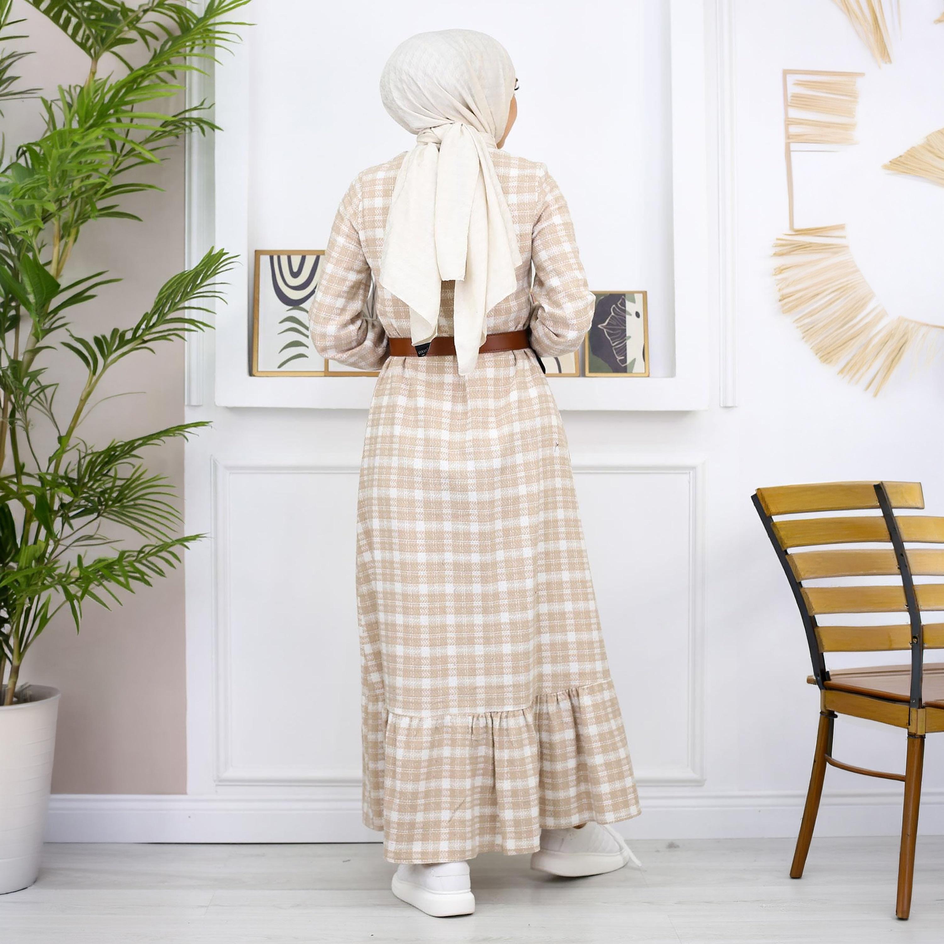 Turkish Souq Checked Elasticated Cuff Sleeves Women's Maxi Modest Dress in Cashmere-women-clothing-dresses-image-3