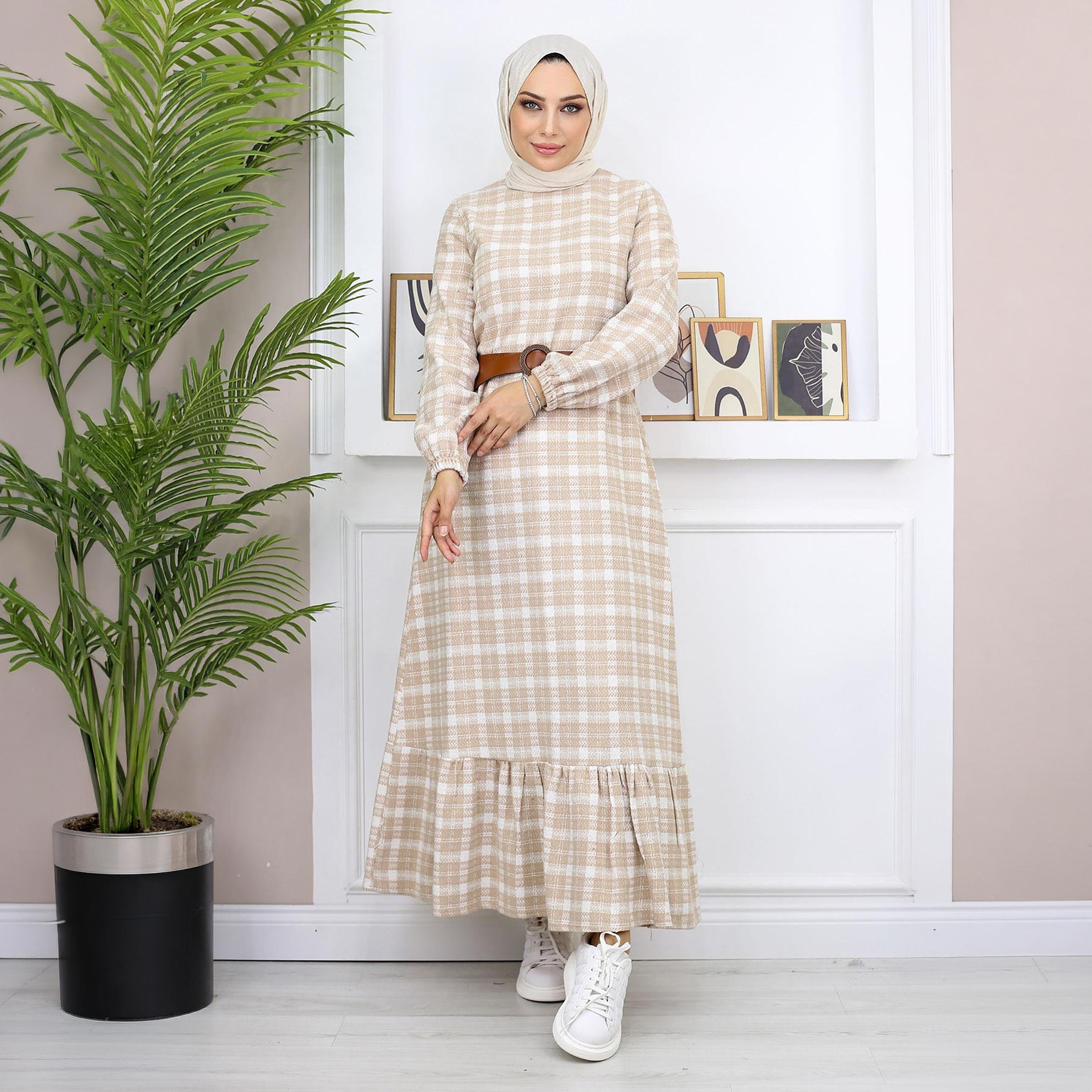 Turkish Souq Checked Elasticated Cuff Sleeves Women's Maxi Modest Dress in Cashmere-women-clothing-dresses-image-4