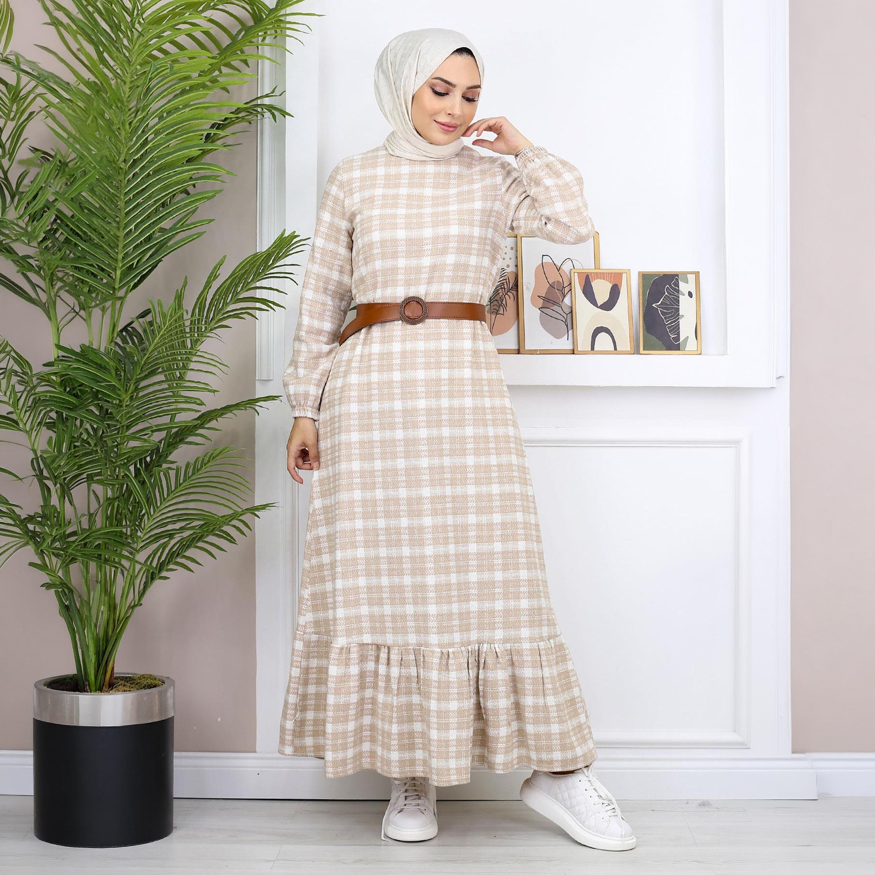 Turkish Souq Checked Elasticated Cuff Sleeves Women's Maxi Modest Dress in Cashmere-women-clothing-dresses-image-5