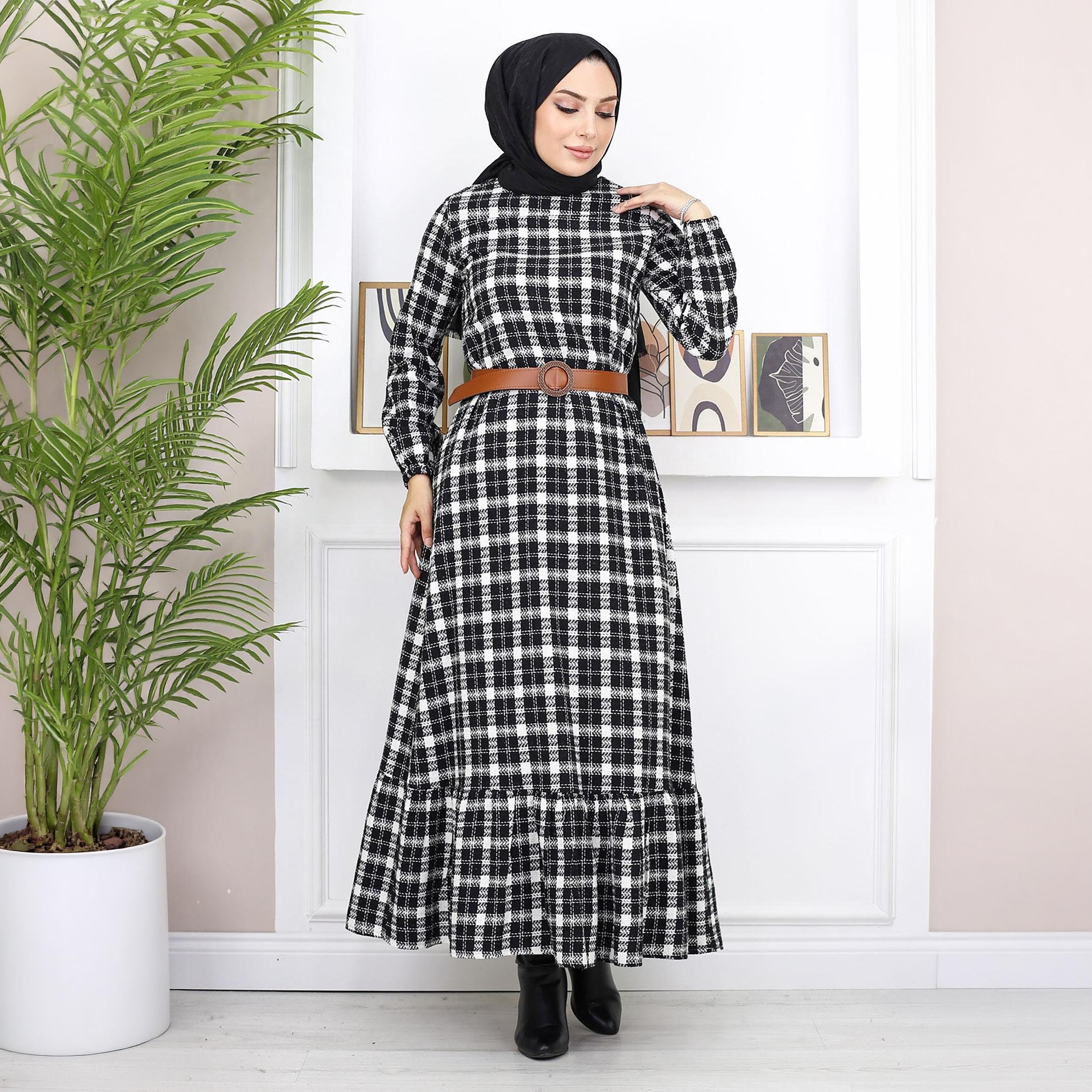 Turkish Souq Checked Elasticated Cuff Sleeves Women's Maxi Modest Dress in Cashmere-women-clothing-dresses-image-1