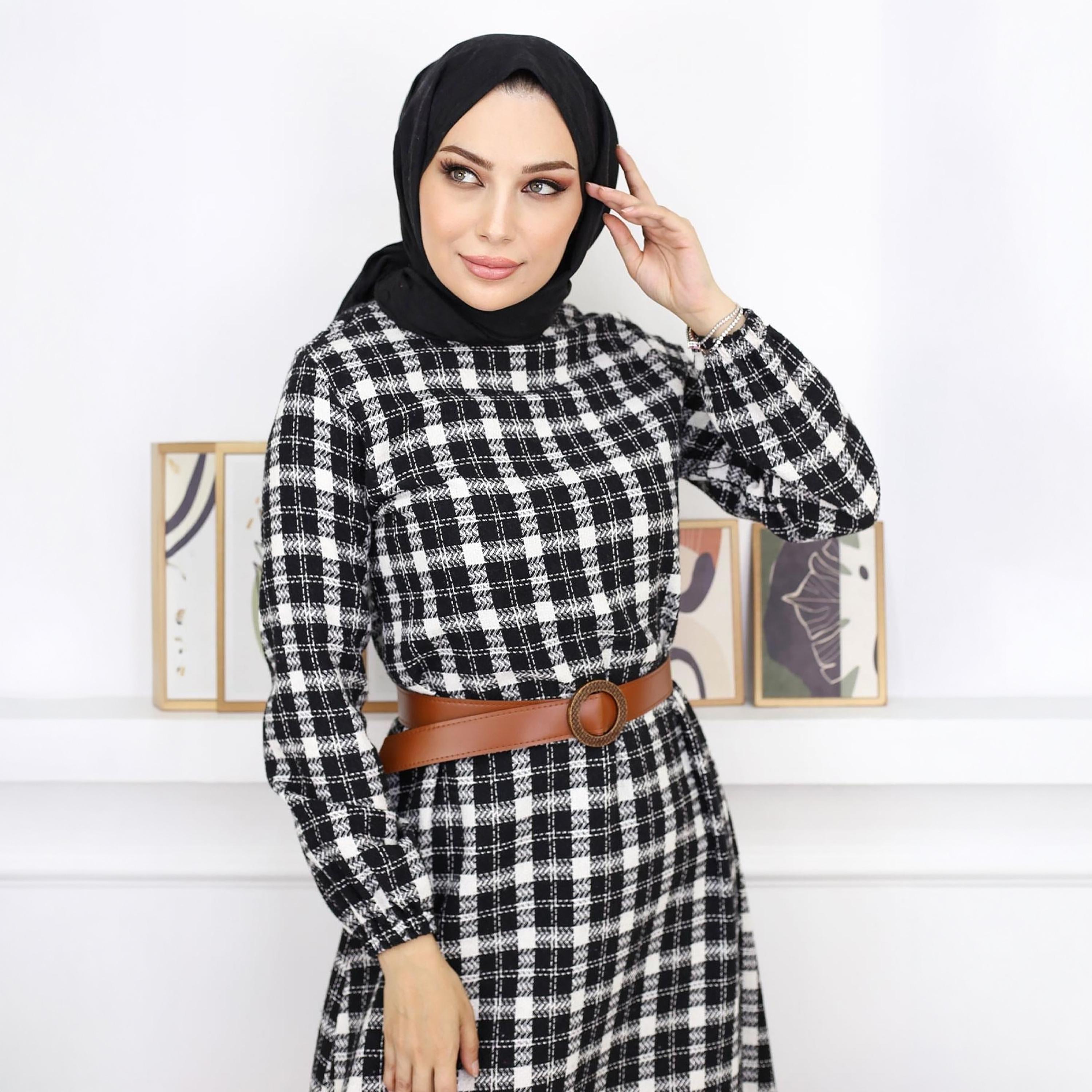 Turkish Souq Checked Elasticated Cuff Sleeves Women's Maxi Modest Dress in Cashmere-women-clothing-dresses-image-2