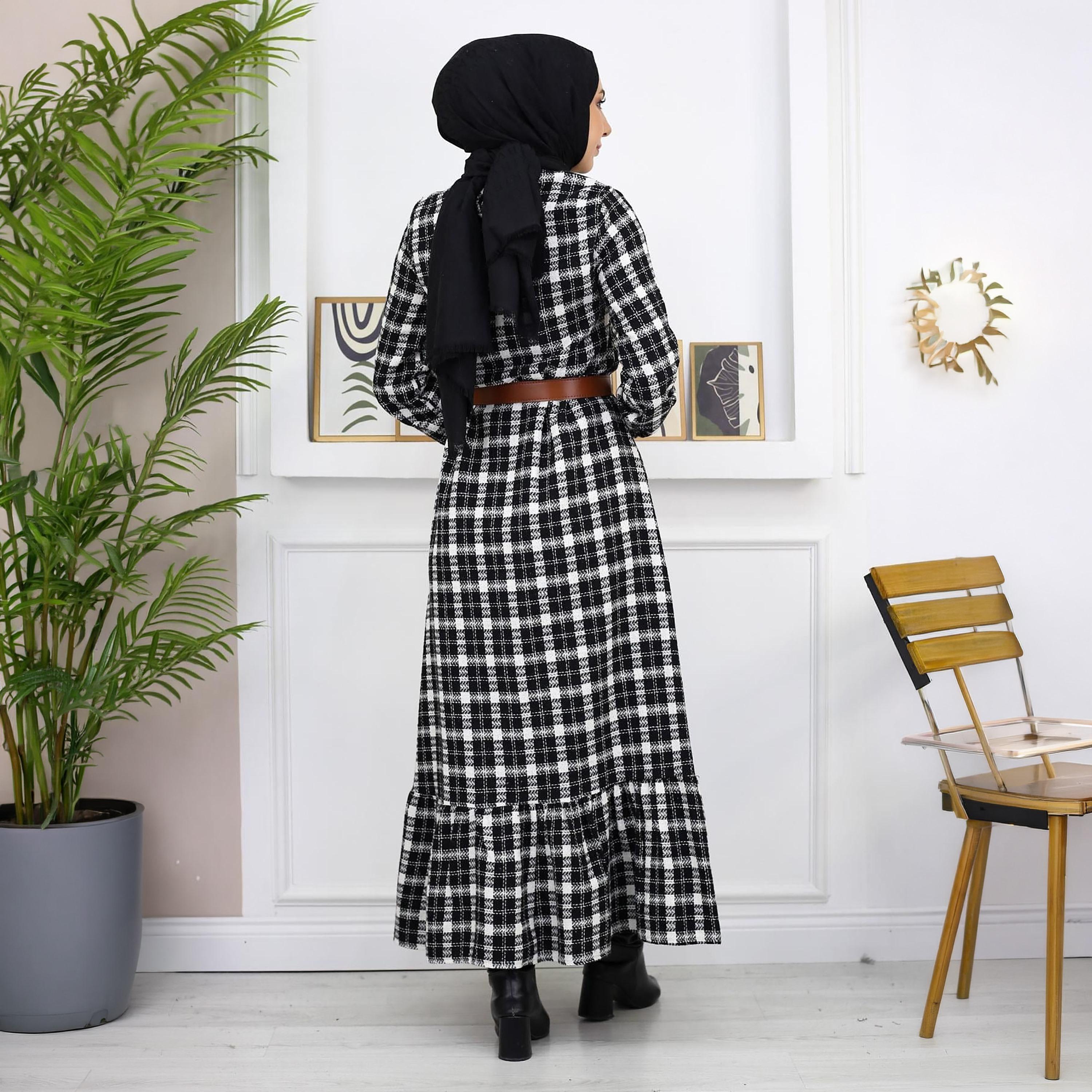 Turkish Souq Checked Elasticated Cuff Sleeves Women's Maxi Modest Dress in Cashmere-women-clothing-dresses-image-3