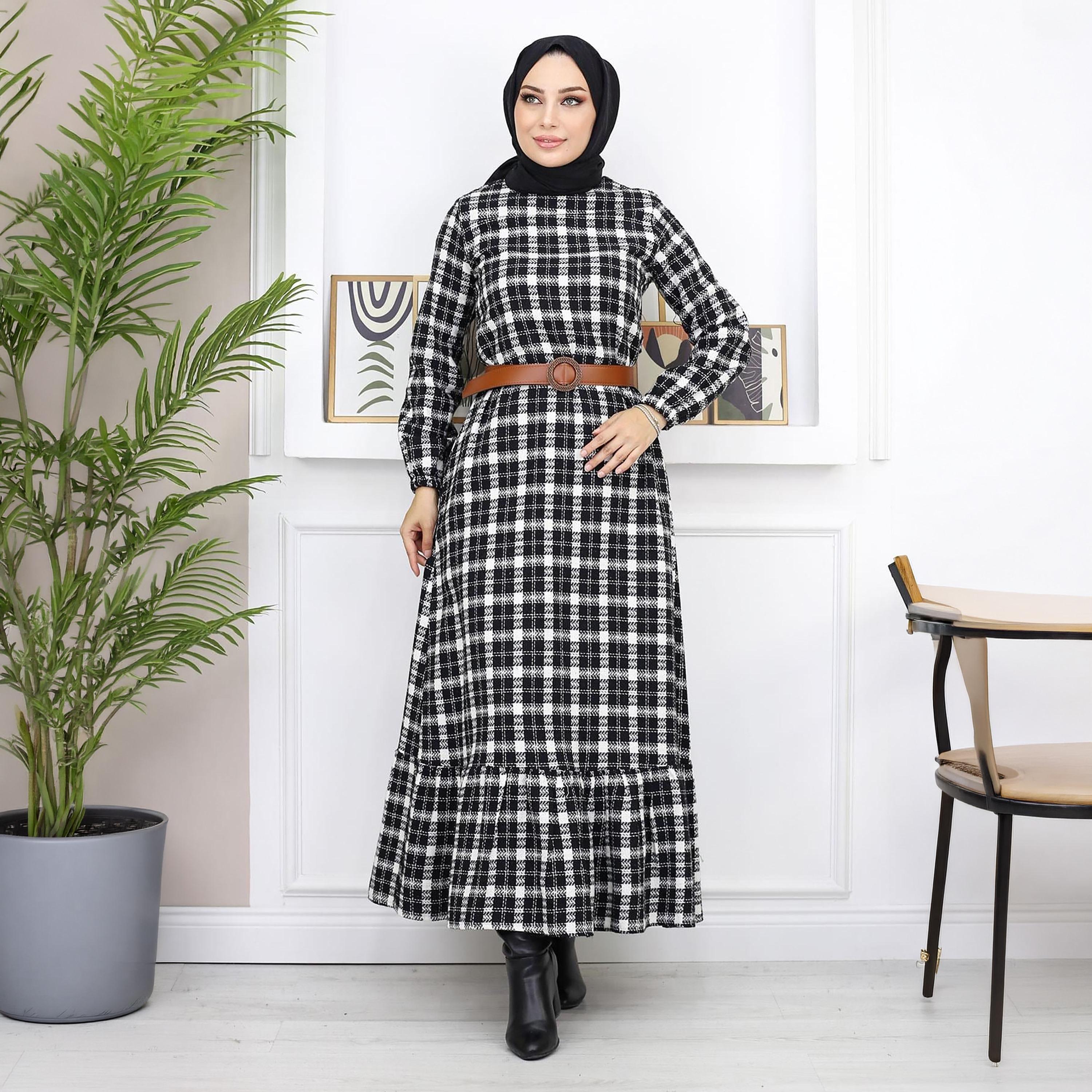 Turkish Souq Checked Elasticated Cuff Sleeves Women's Maxi Modest Dress in Cashmere-women-clothing-dresses-image-4