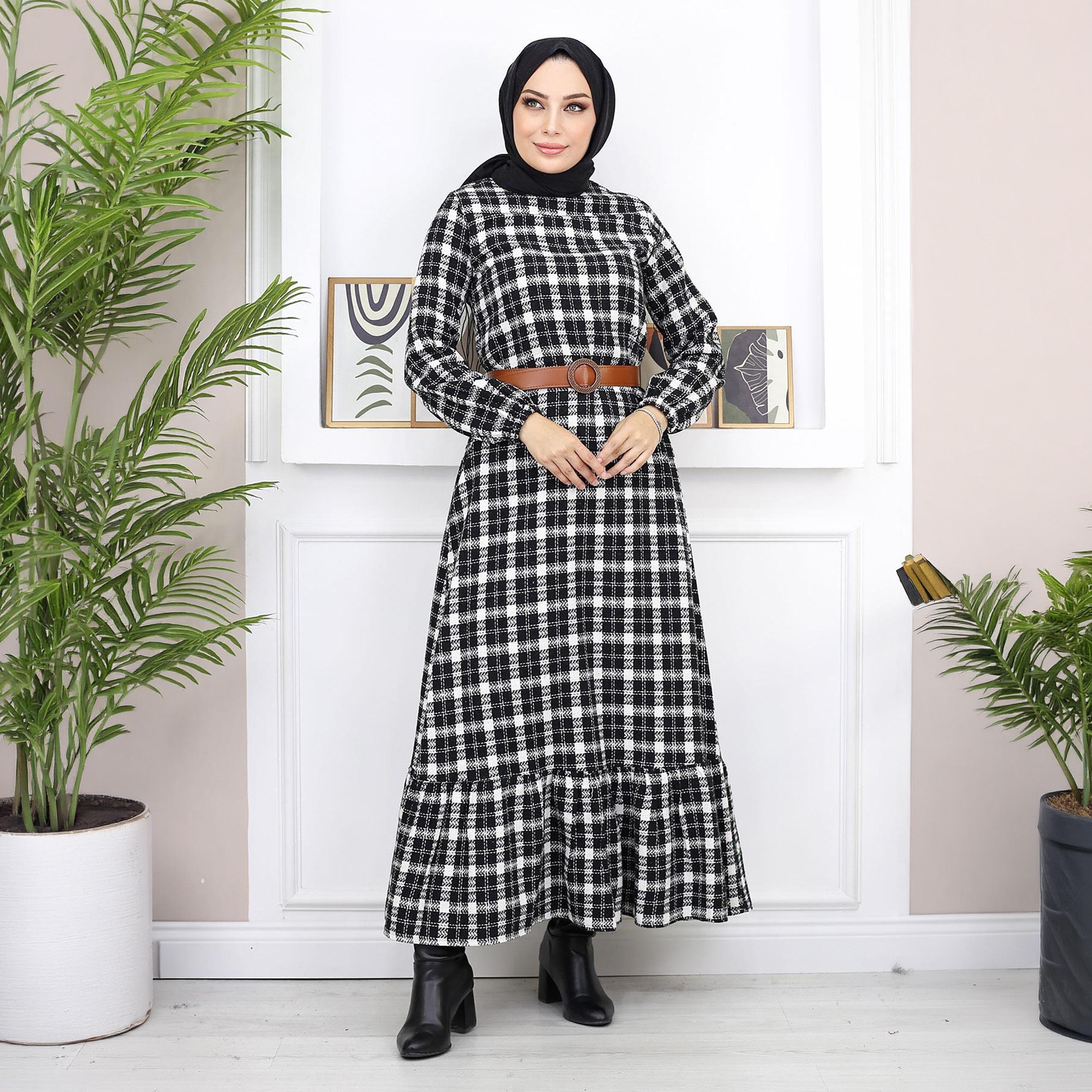 Turkish Souq Checked Elasticated Cuff Sleeves Women's Maxi Modest Dress in Cashmere-women-clothing-dresses-image-5
