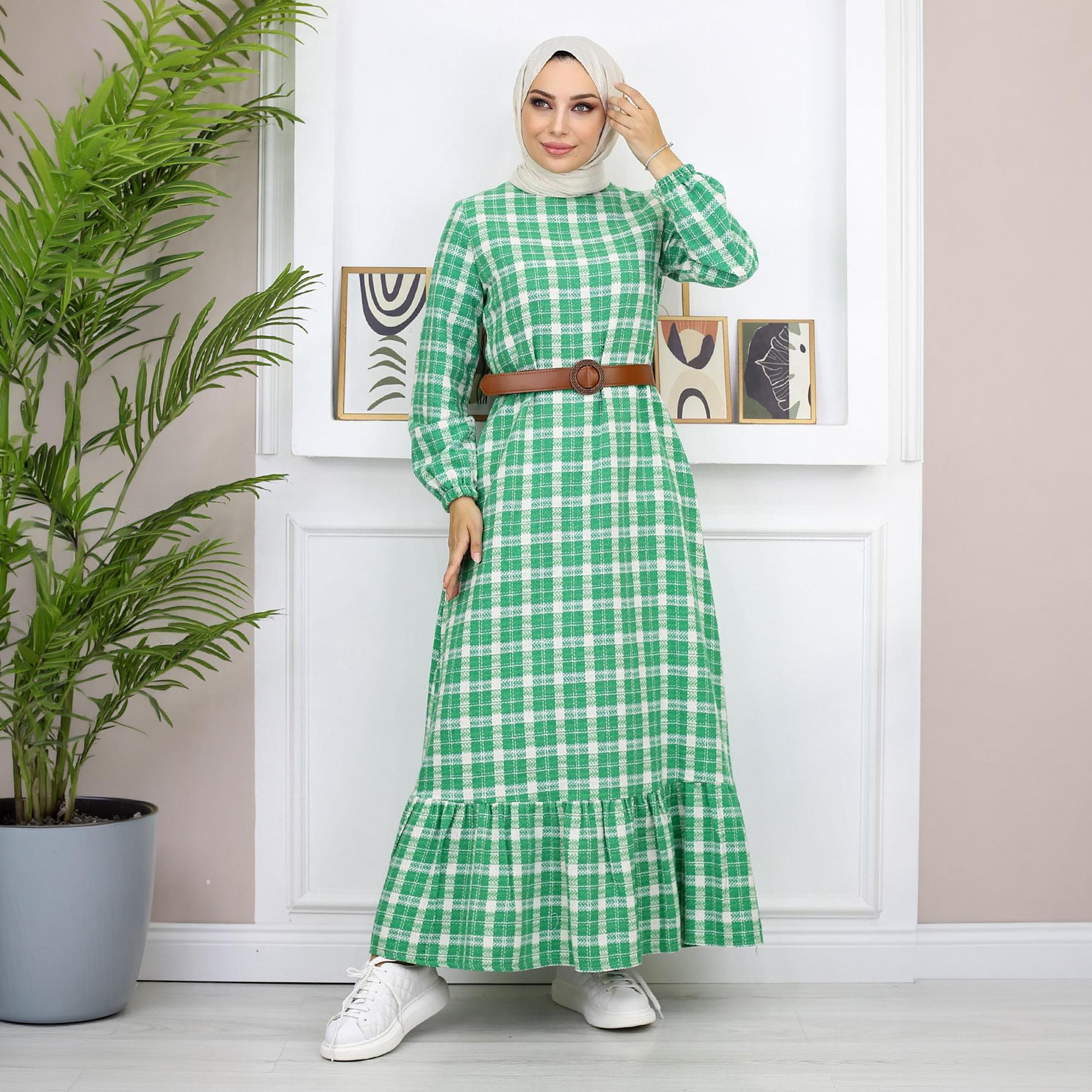Turkish Souq Checked Elasticated Cuff Sleeves Women's Maxi Modest Dress in Cashmere-women-clothing-dresses-image-1