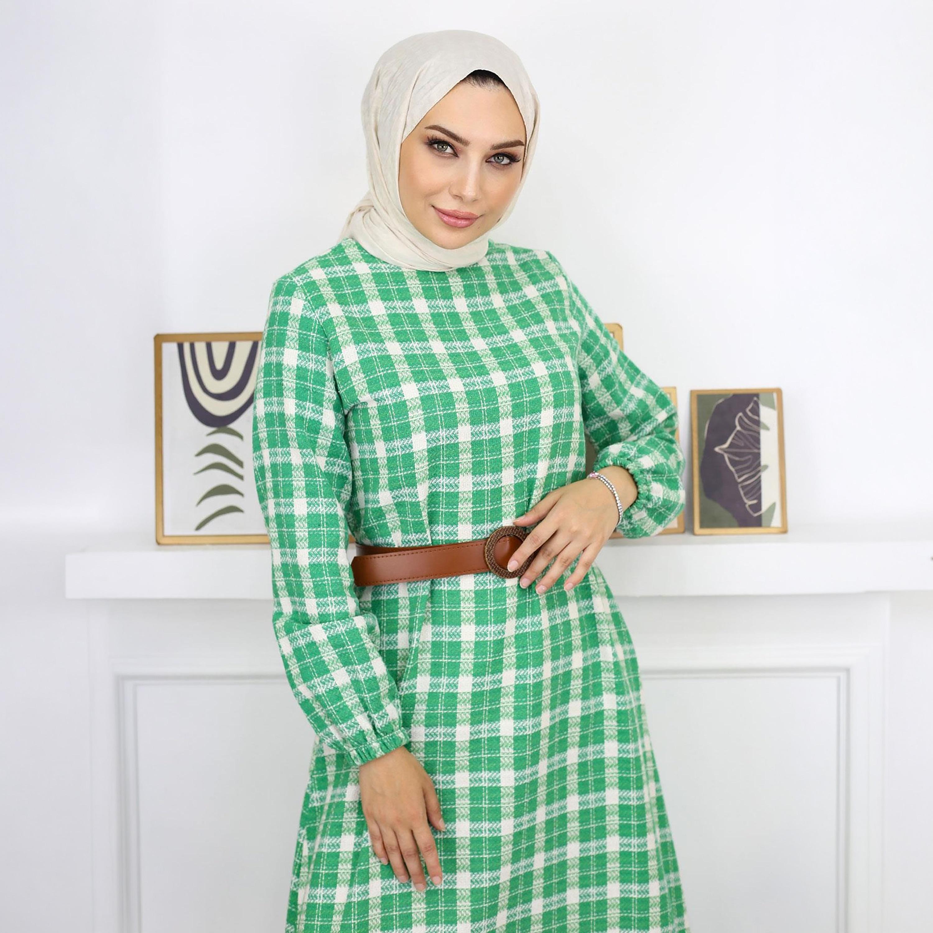 Turkish Souq Checked Elasticated Cuff Sleeves Women's Maxi Modest Dress in Cashmere-women-clothing-dresses-image-2