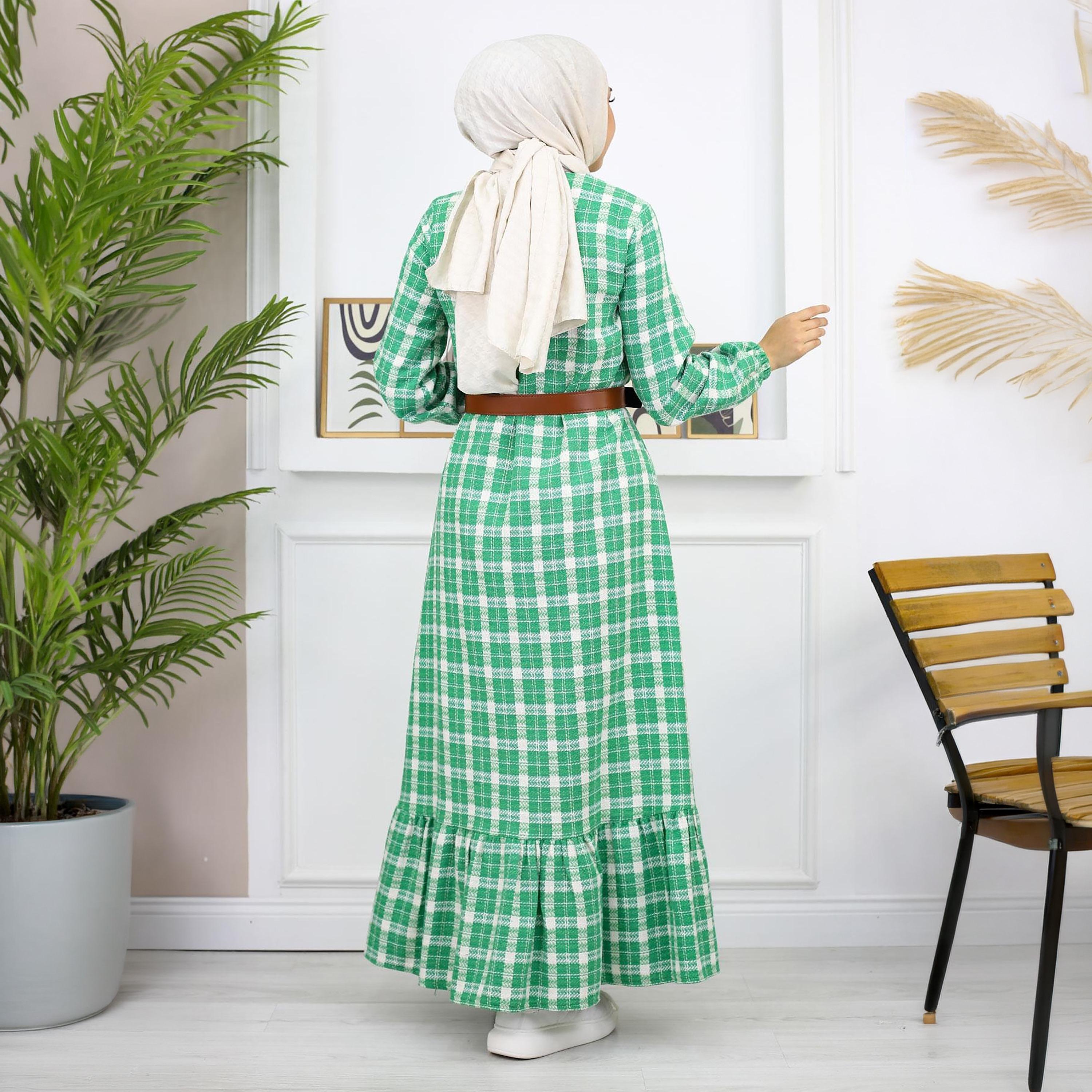 Turkish Souq Checked Elasticated Cuff Sleeves Women's Maxi Modest Dress in Cashmere-women-clothing-dresses-image-3