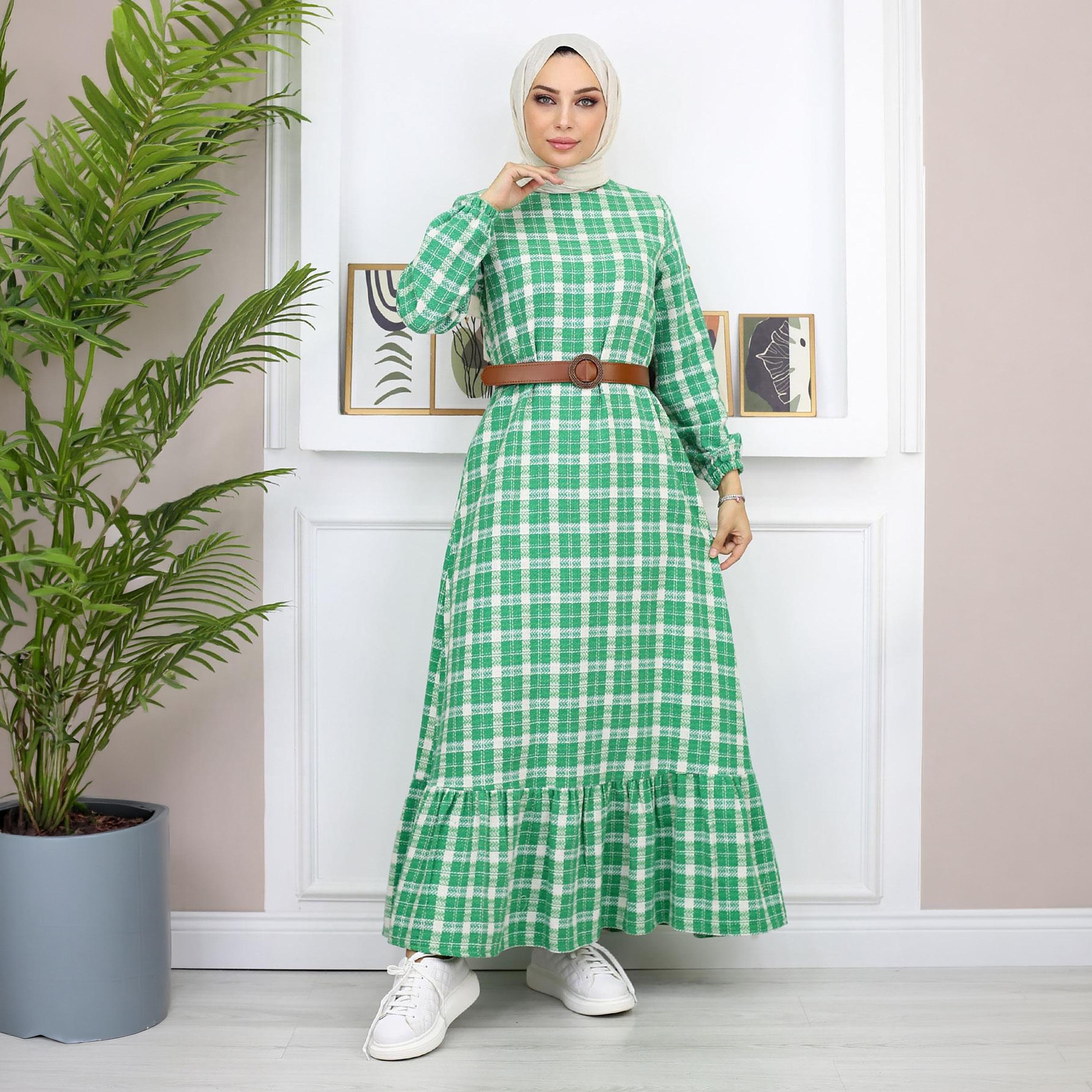 Turkish Souq Checked Elasticated Cuff Sleeves Women's Maxi Modest Dress in Cashmere-women-clothing-dresses-image-4