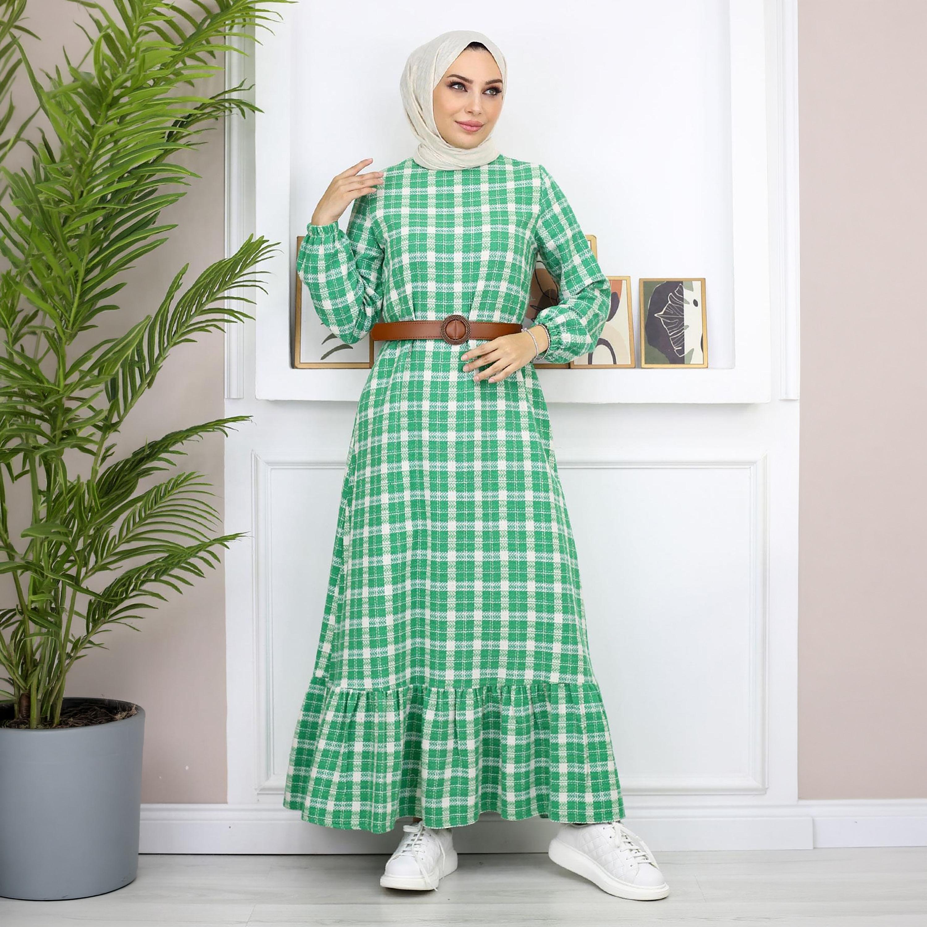 Turkish Souq Checked Elasticated Cuff Sleeves Women's Maxi Modest Dress in Cashmere-women-clothing-dresses-image-5