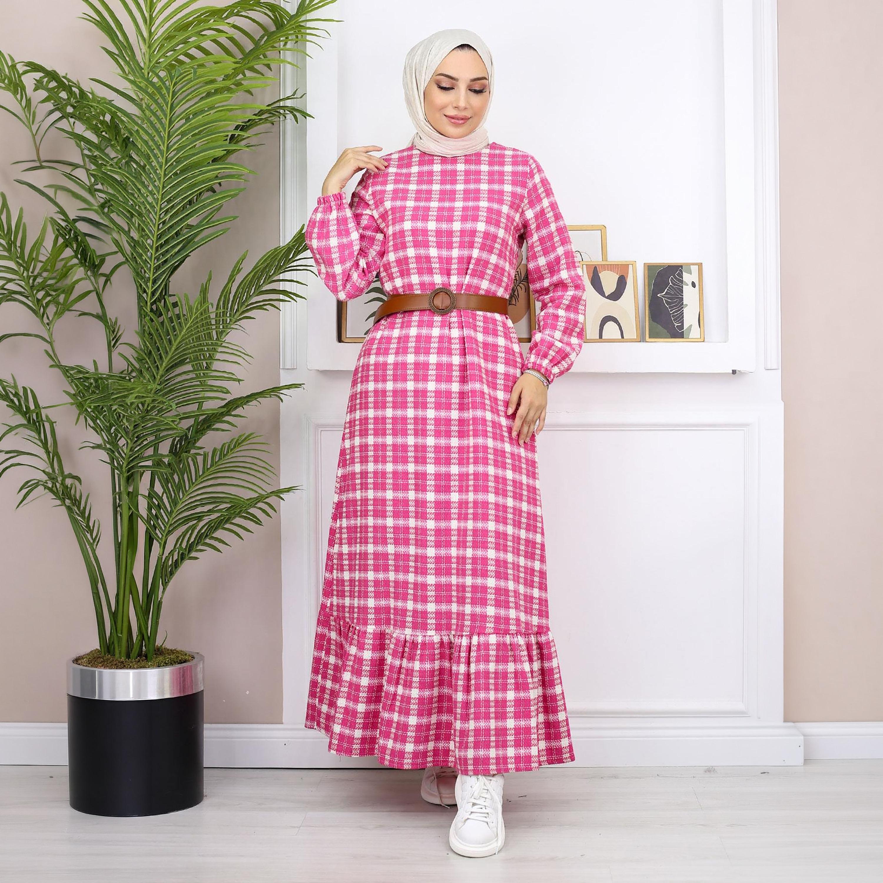 Turkish Souq Checked Elasticated Cuff Sleeves Women's Maxi Modest Dress in Cashmere-women-clothing-dresses-image-1