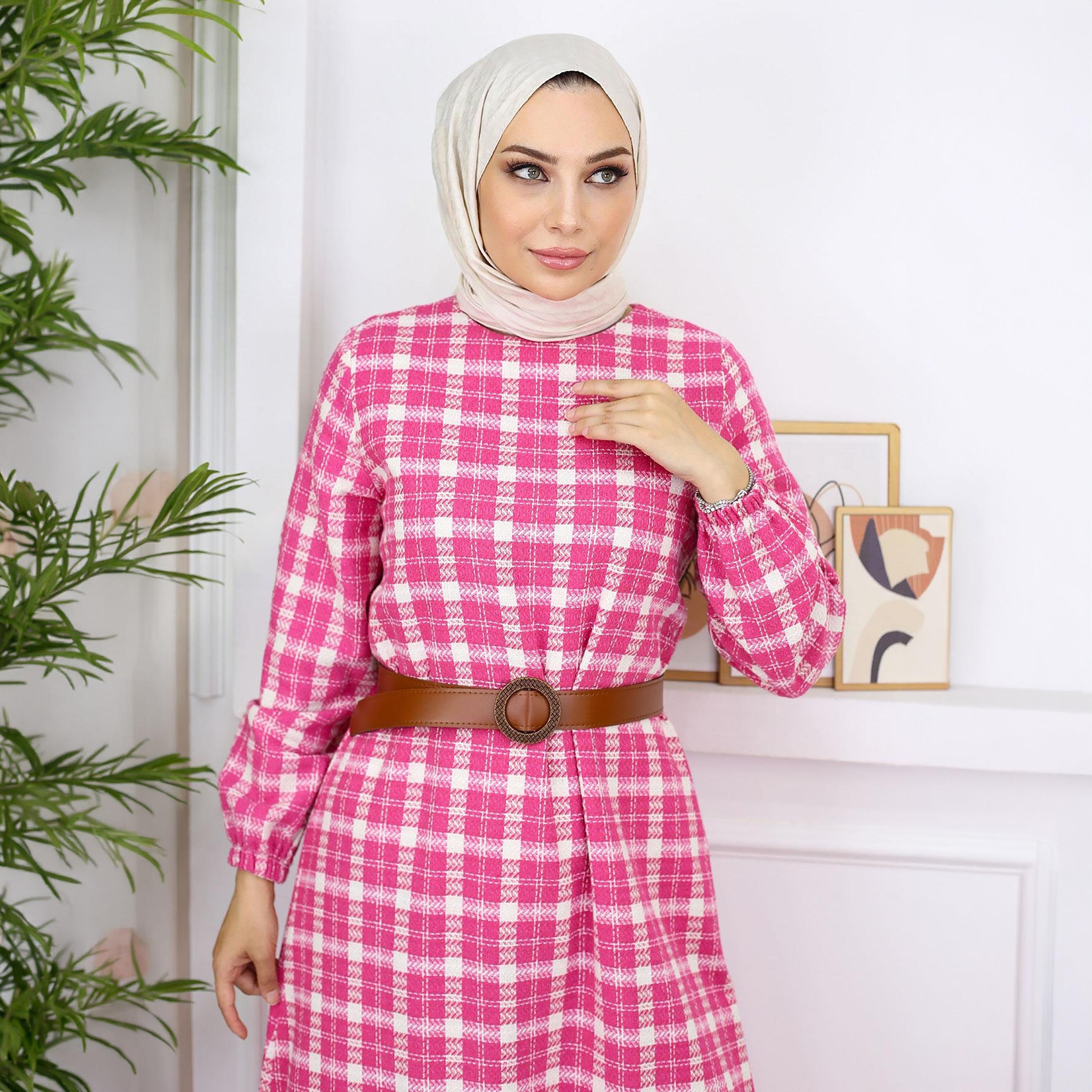 Turkish Souq Checked Elasticated Cuff Sleeves Women's Maxi Modest Dress in Cashmere-women-clothing-dresses-image-2