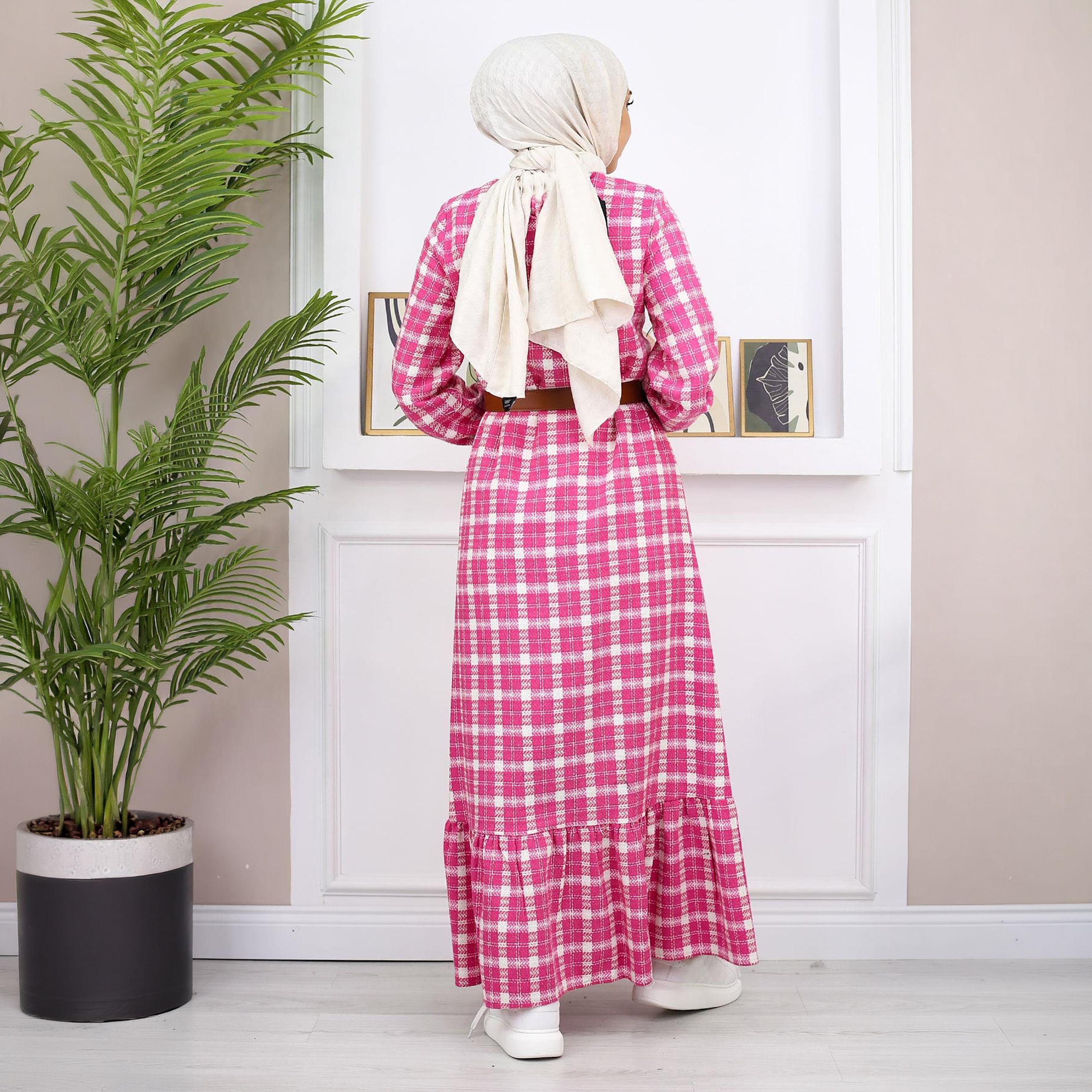 Turkish Souq Checked Elasticated Cuff Sleeves Women's Maxi Modest Dress in Cashmere-women-clothing-dresses-image-3