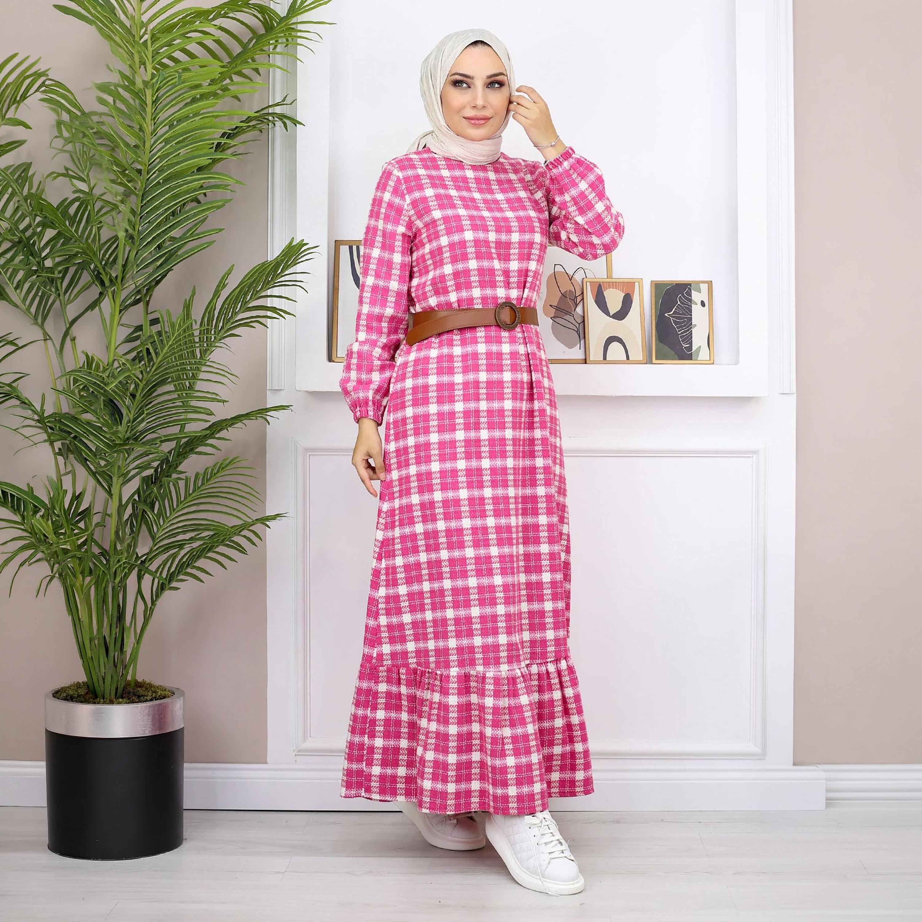 Turkish Souq Checked Elasticated Cuff Sleeves Women's Maxi Modest Dress in Cashmere-women-clothing-dresses-image-4