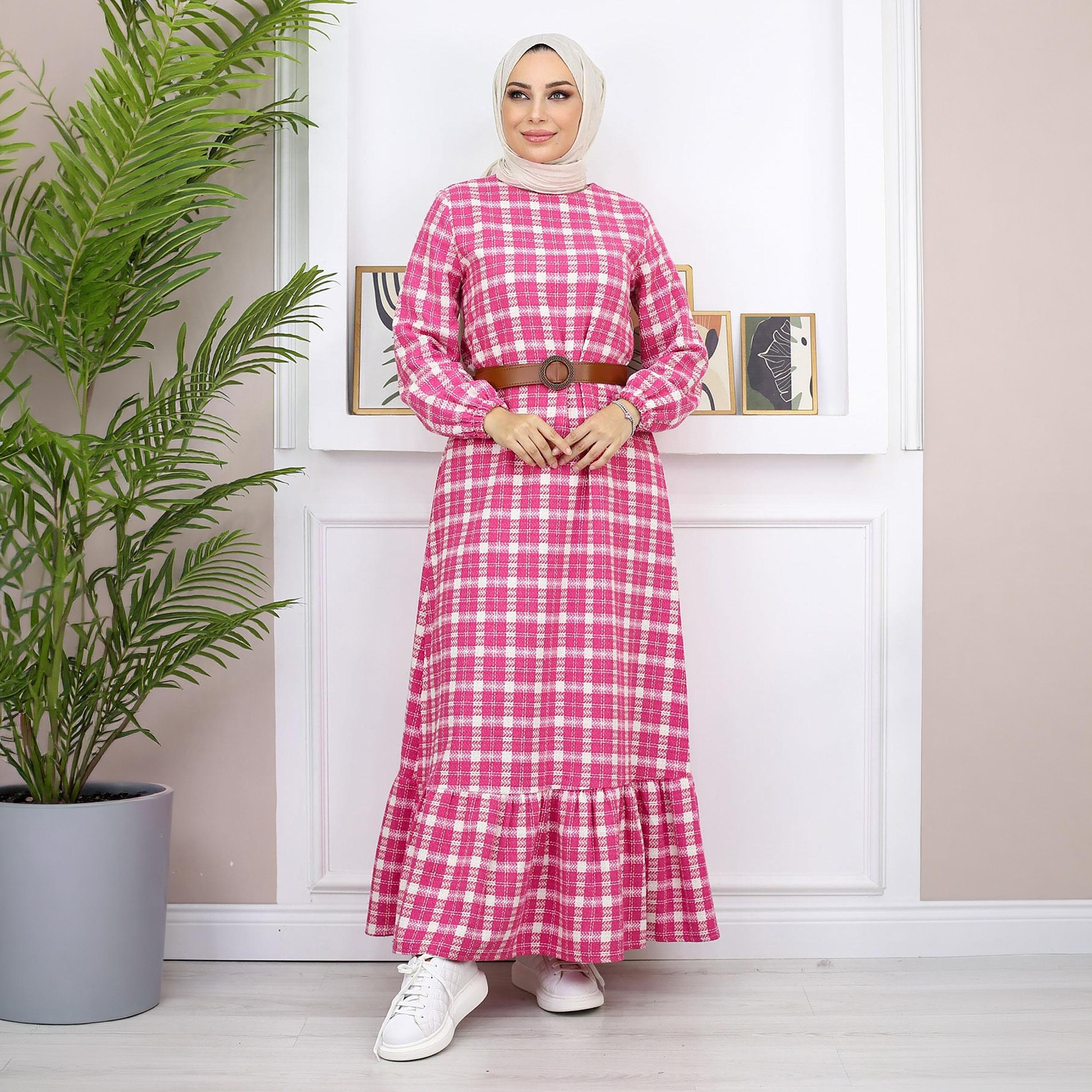 Turkish Souq Checked Elasticated Cuff Sleeves Women's Maxi Modest Dress in Cashmere-women-clothing-dresses-image-5