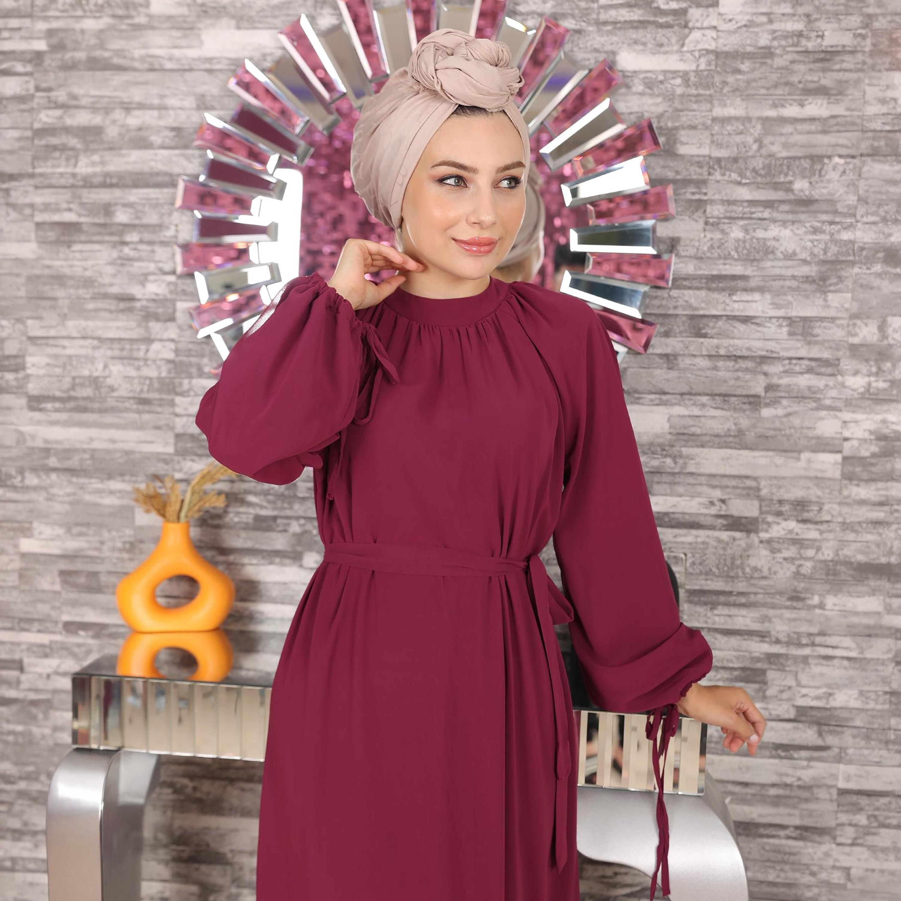 Turkish Souq Balloon Raglan Sleeves Evening Women's Maxi Modest Dress in Chiffon-women-clothing-dresses-image-2