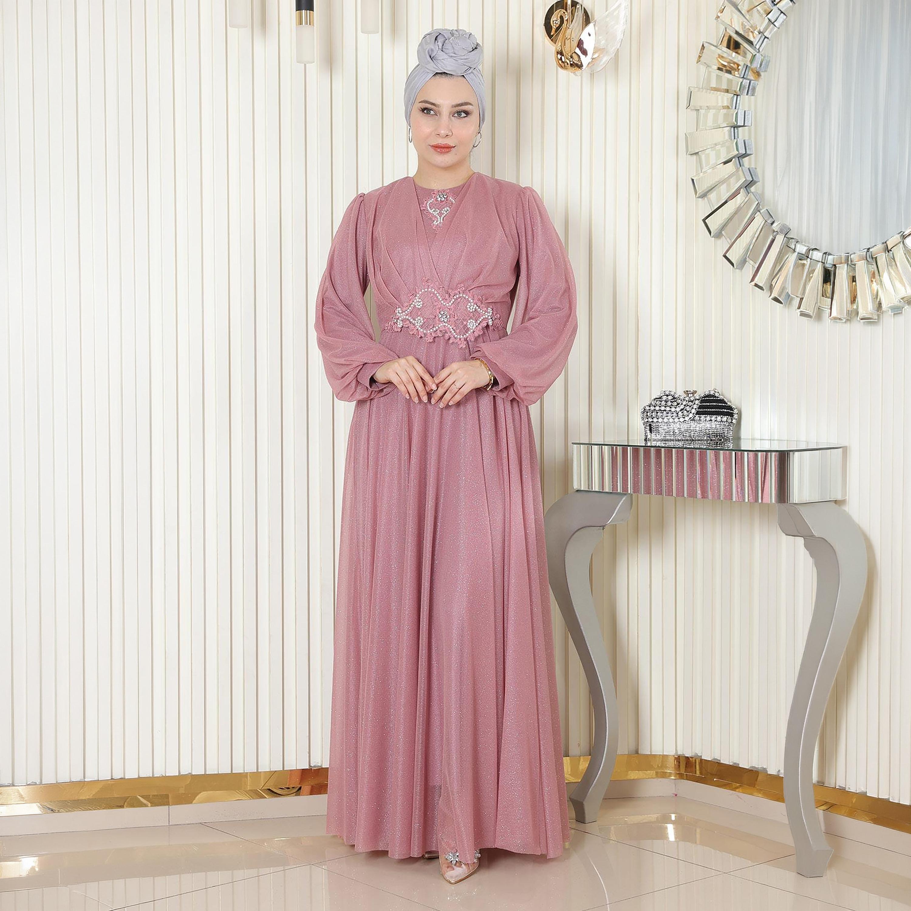 Turkish Souq Embroidered Pink Balloon Sleeves Evening Women's Maxi Modest Dress in Chiffon-women-clothing-dresses-image-1