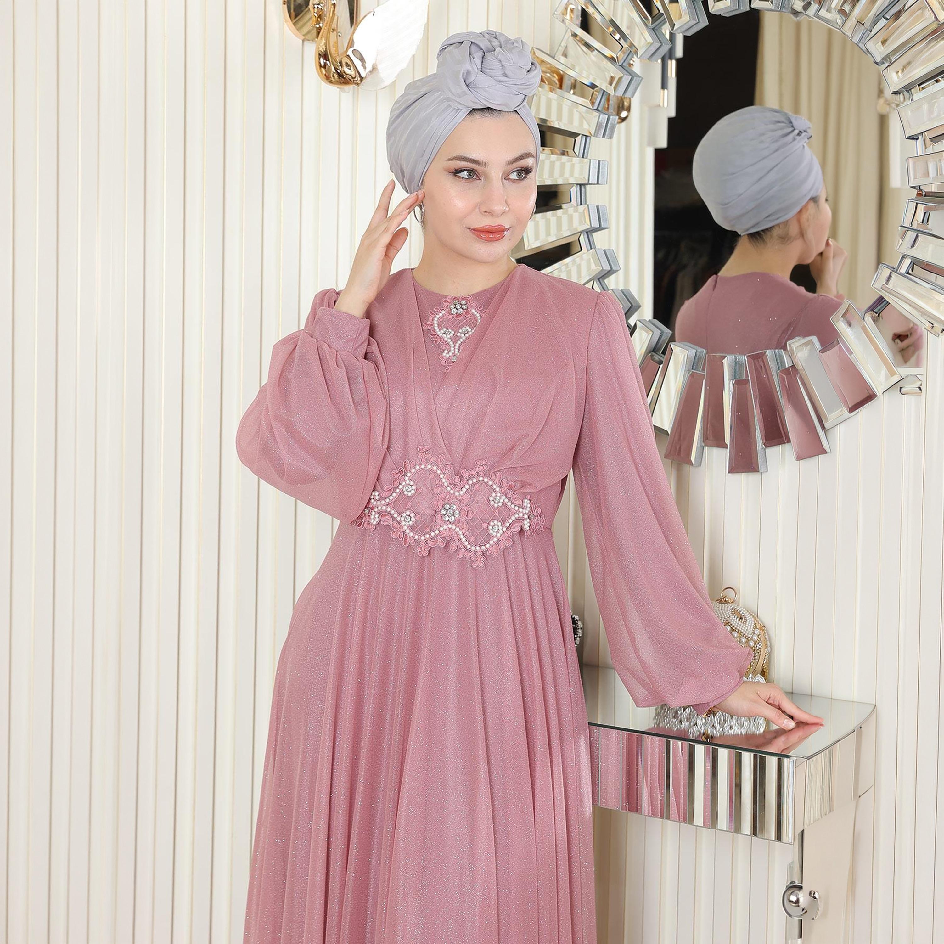 Turkish Souq Embroidered Pink Balloon Sleeves Evening Women's Maxi Modest Dress in Chiffon-women-clothing-dresses-image-2