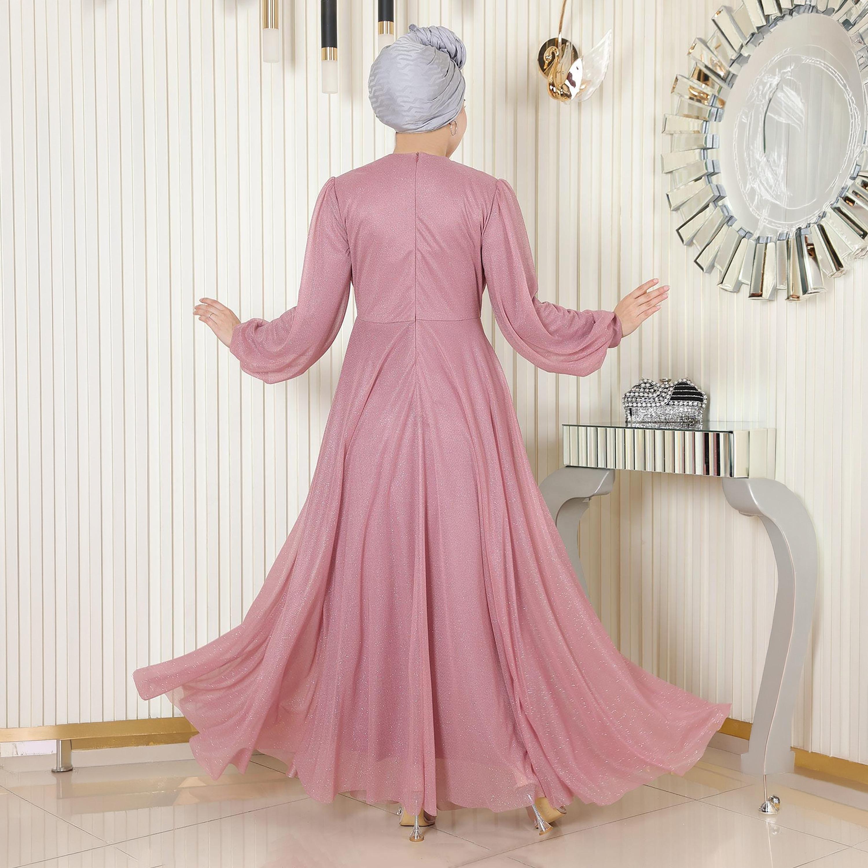 Turkish Souq Embroidered Pink Balloon Sleeves Evening Women's Maxi Modest Dress in Chiffon-women-clothing-dresses-image-3