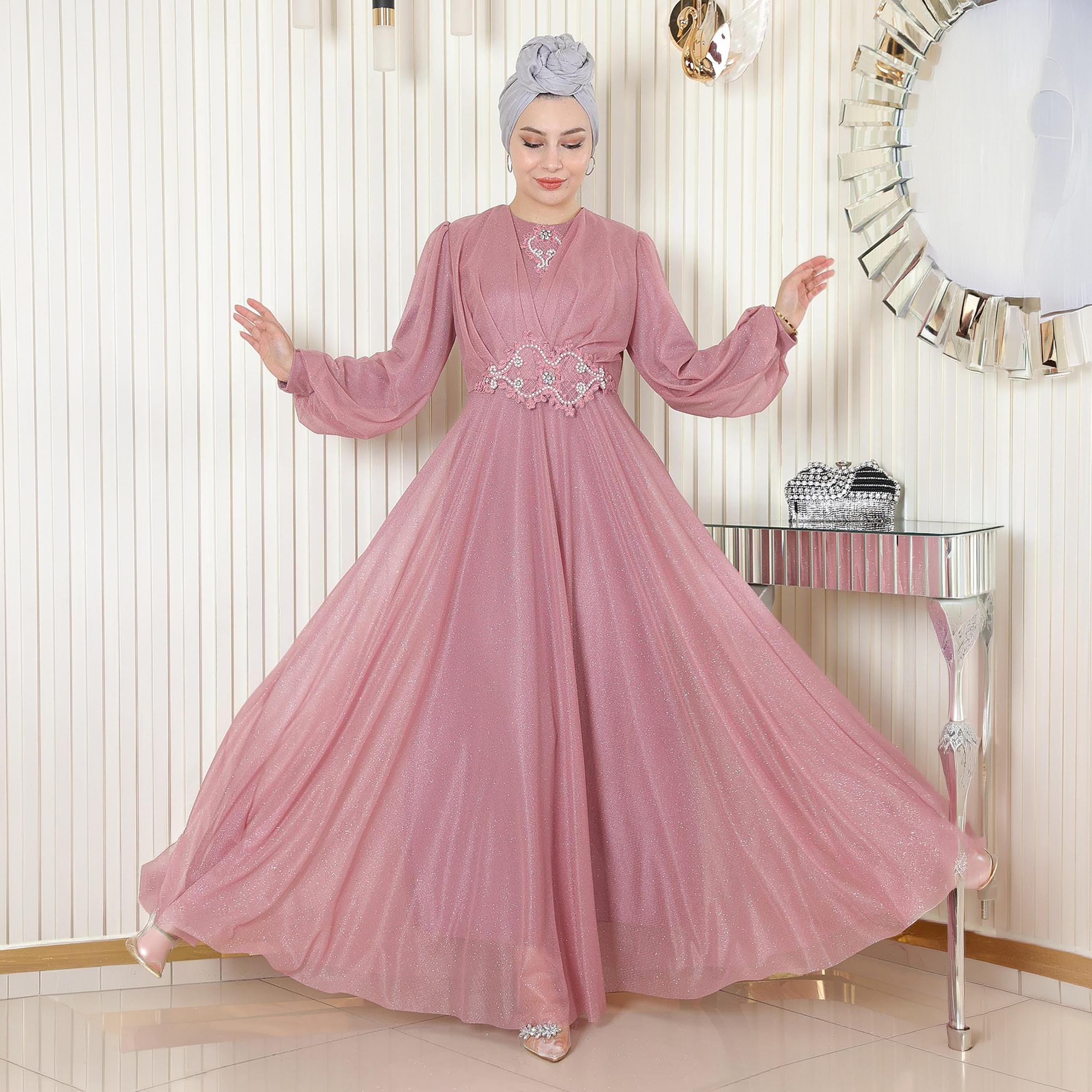 Turkish Souq Embroidered Pink Balloon Sleeves Evening Women's Maxi Modest Dress in Chiffon-women-clothing-dresses-image-4