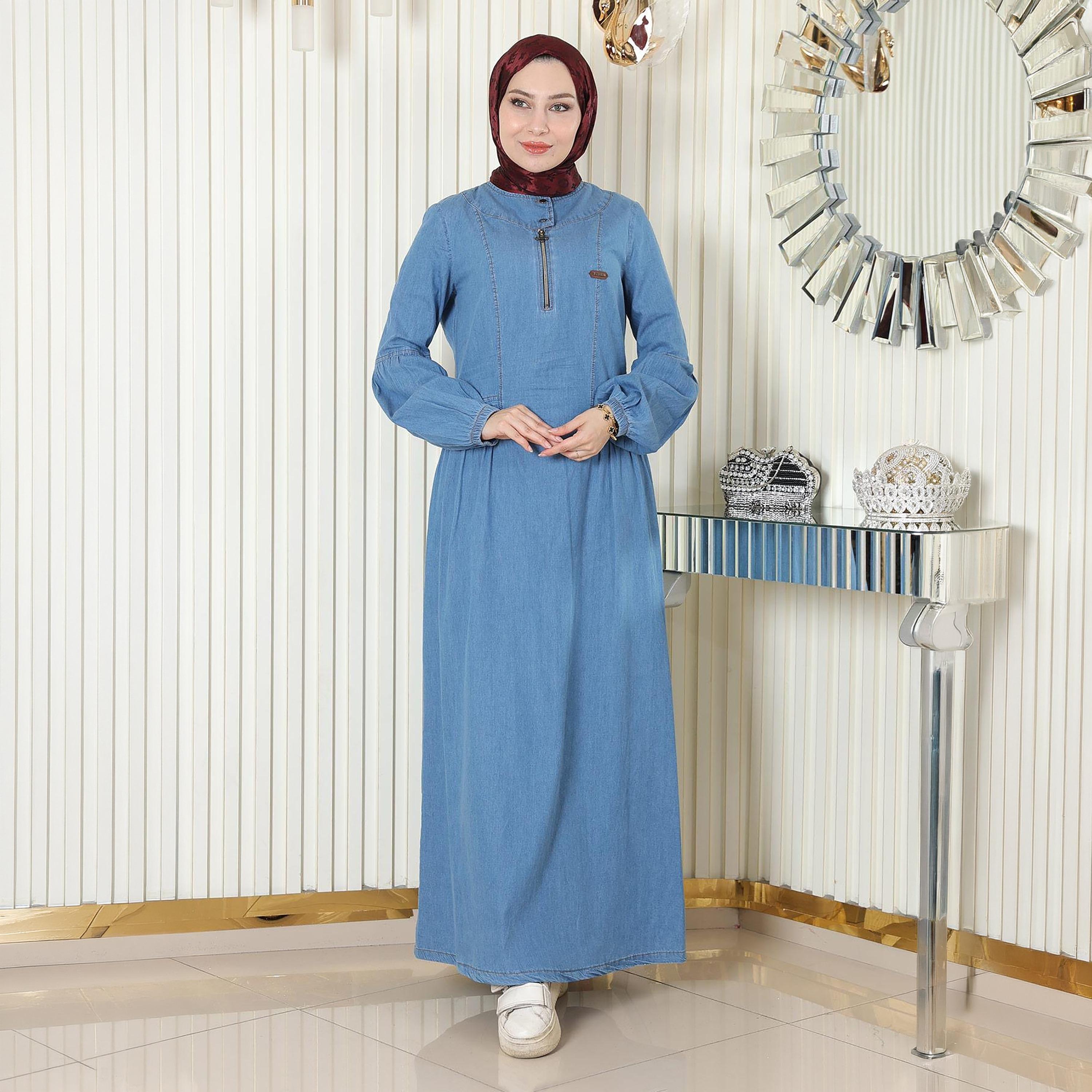 Turkish Souq Light Washed Blue Bishop Sleeves Women's Maxi Modest Dress in Denim-women-clothing-dresses-image-1