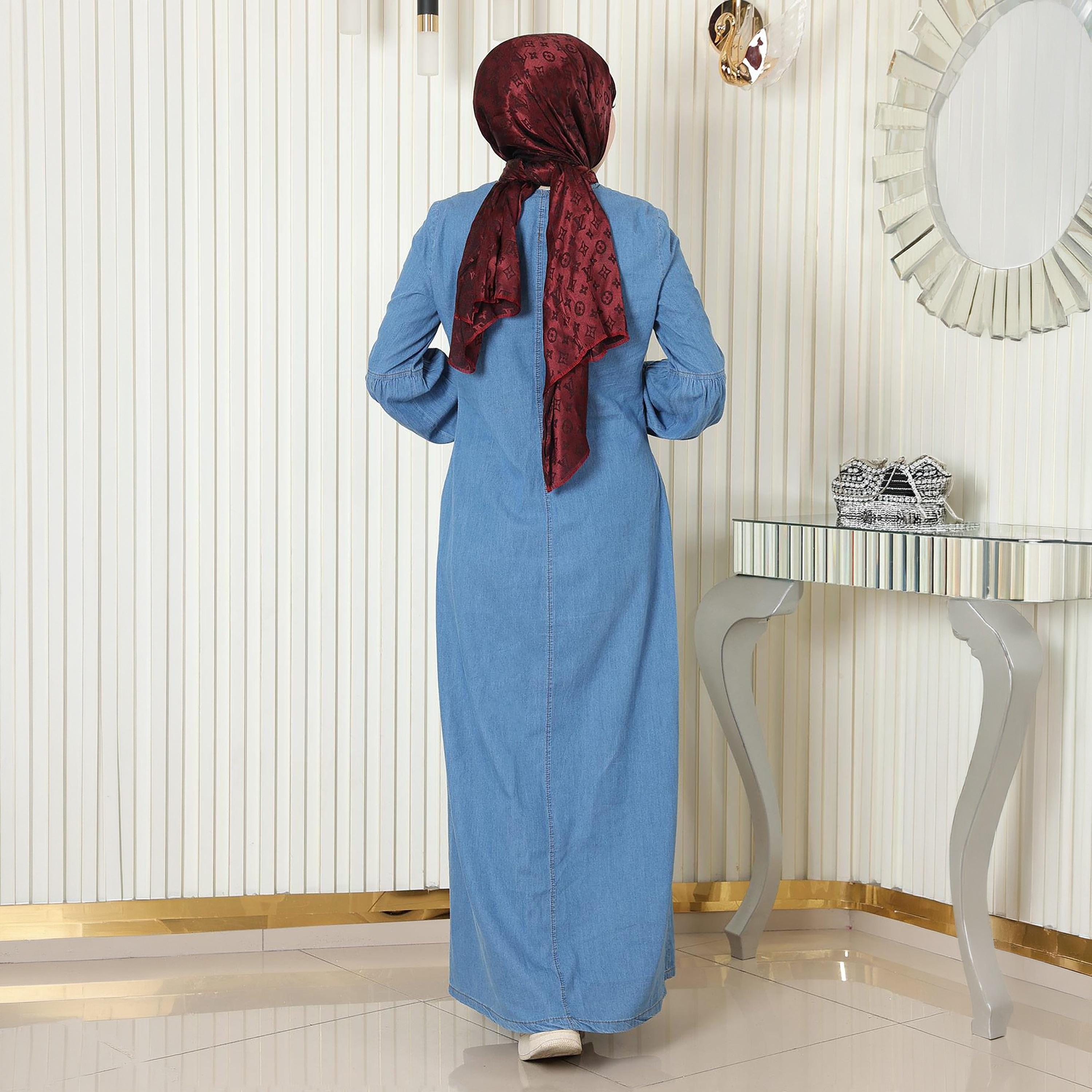 Turkish Souq Light Washed Blue Bishop Sleeves Women's Maxi Modest Dress in Denim-women-clothing-dresses-image-3