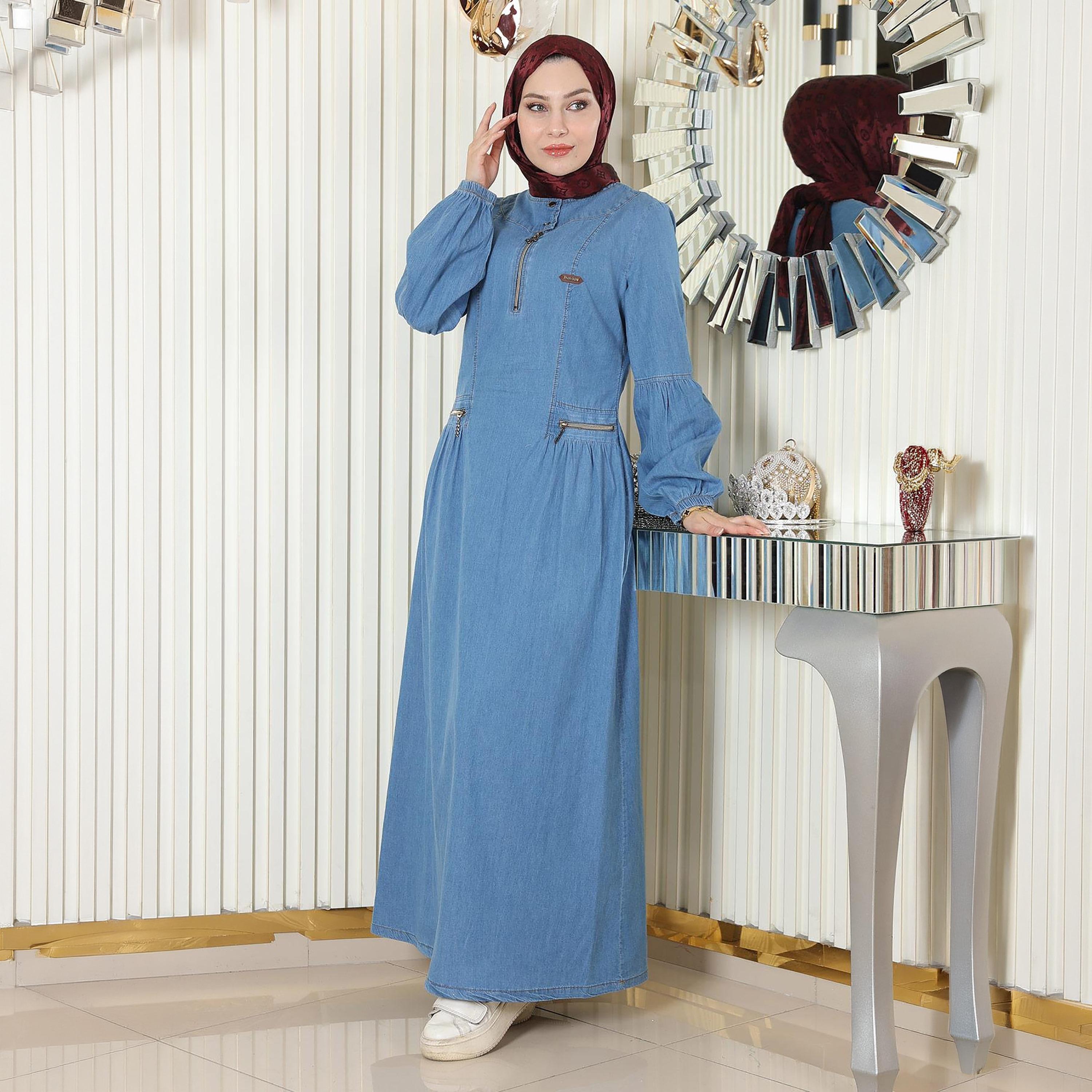 Turkish Souq Light Washed Blue Bishop Sleeves Women's Maxi Modest Dress in Denim-women-clothing-dresses-image-4