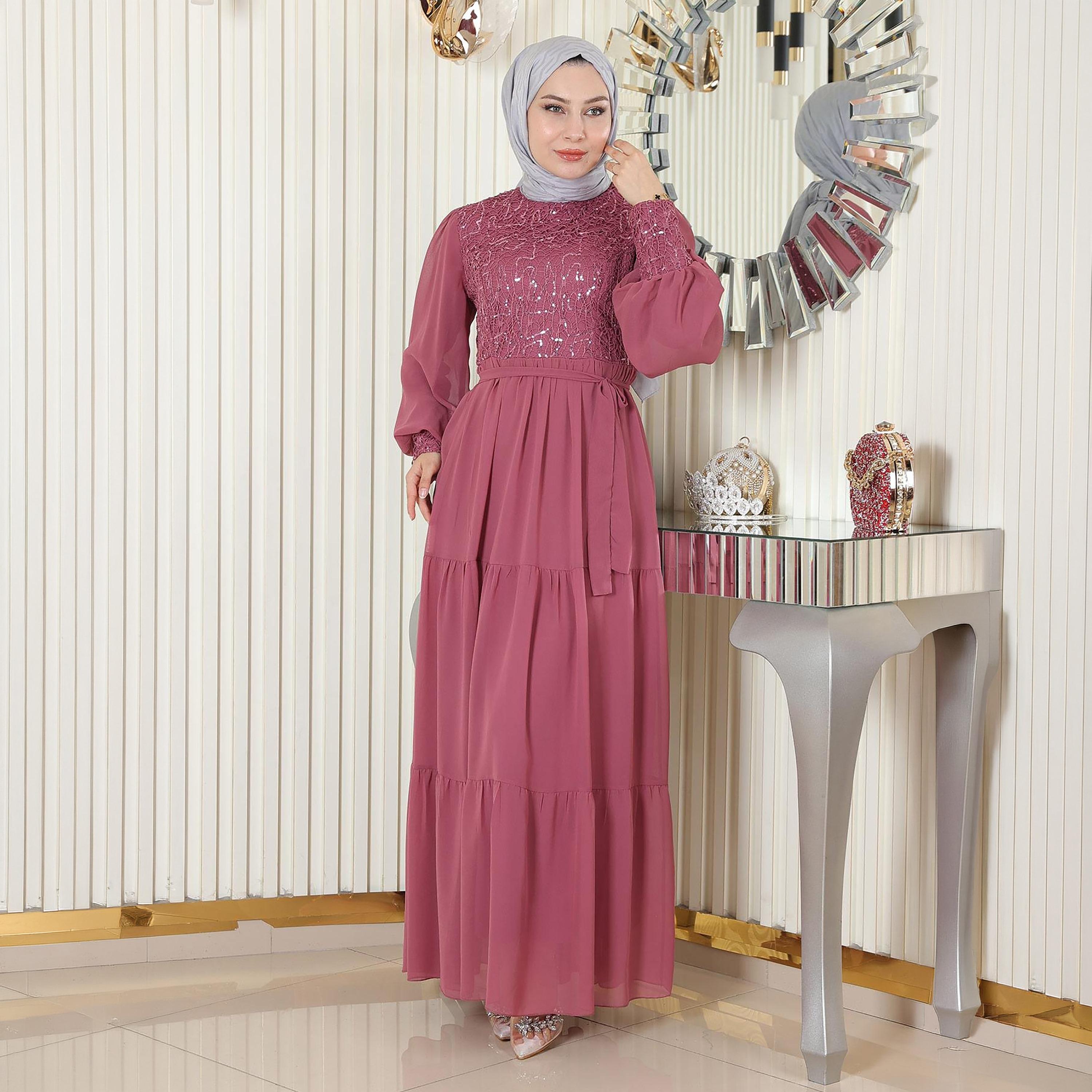 Turkish Souq Sequined Bishop Sleeves Evening Women's Maxi Modest Dress in Chiffon-women-clothing-dresses-image-1