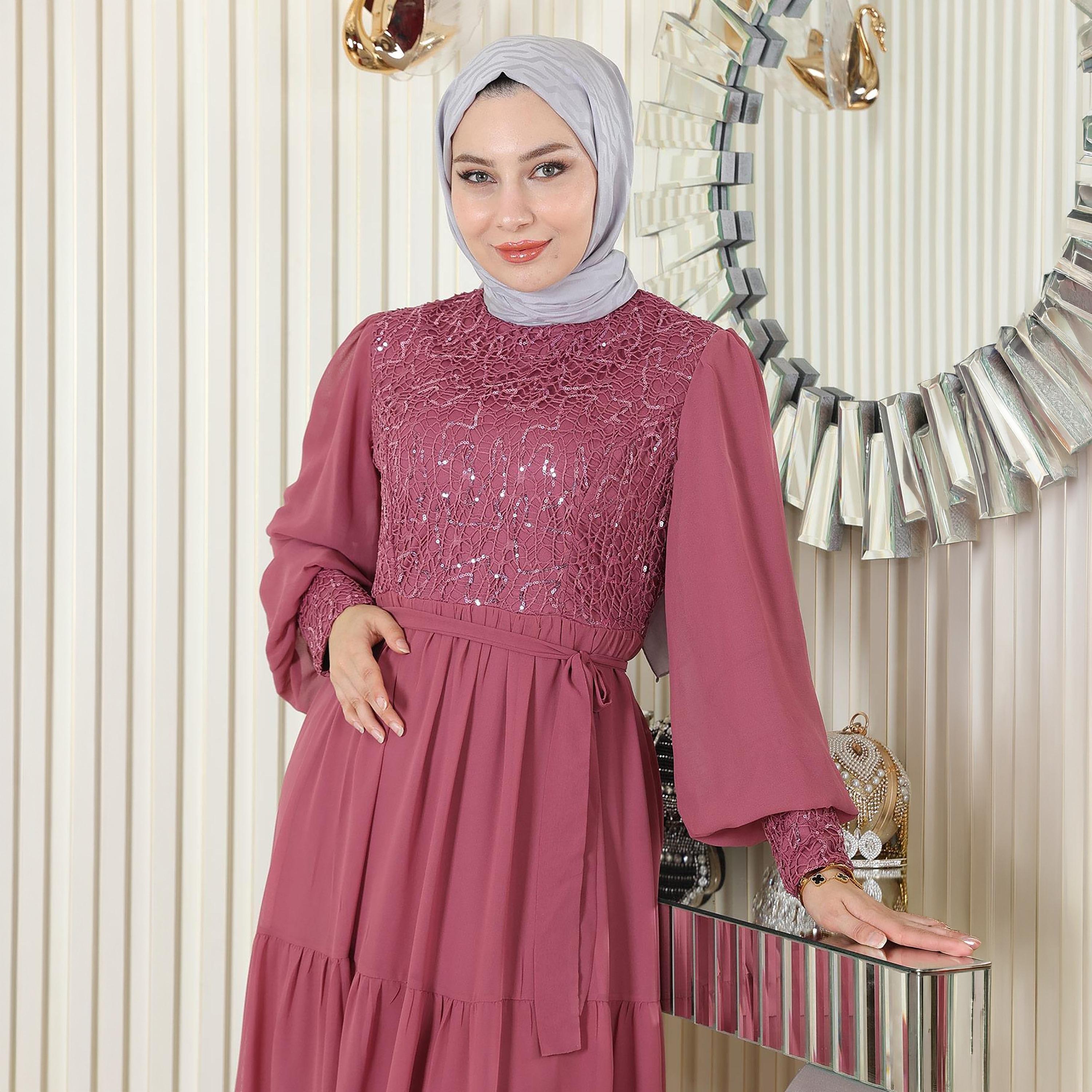 Turkish Souq Sequined Bishop Sleeves Evening Women's Maxi Modest Dress in Chiffon-women-clothing-dresses-image-2