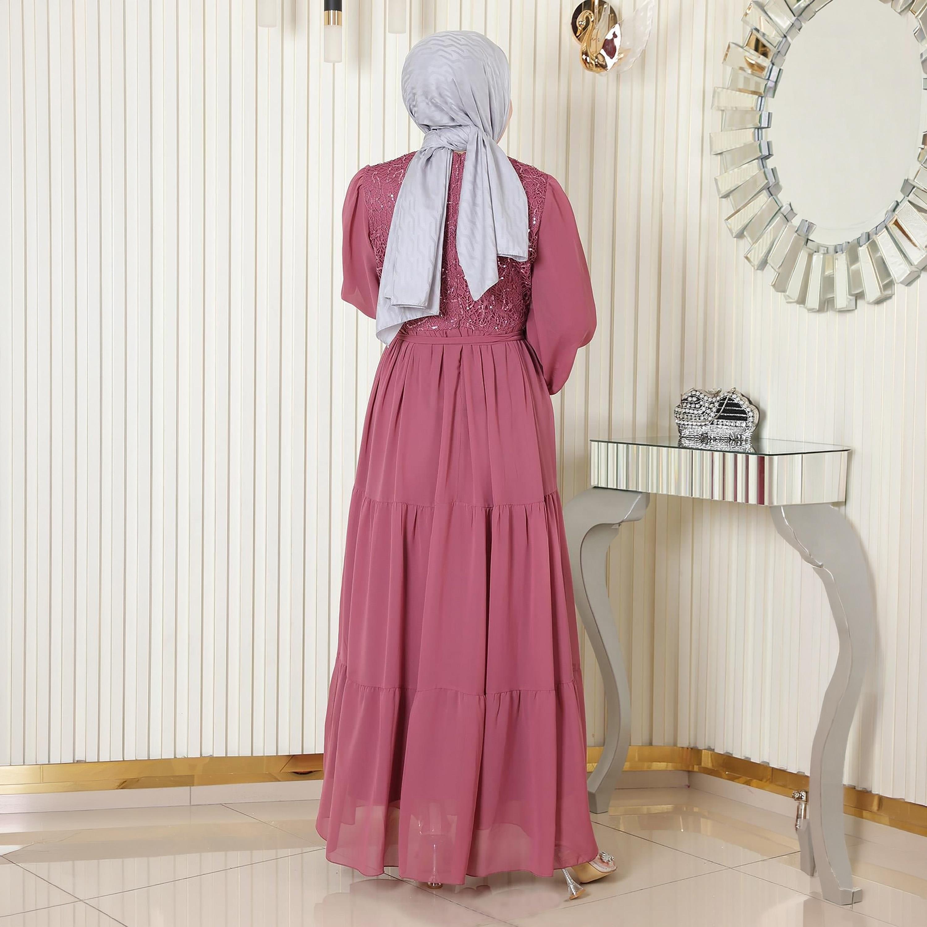 Turkish Souq Sequined Bishop Sleeves Evening Women's Maxi Modest Dress in Chiffon-women-clothing-dresses-image-3
