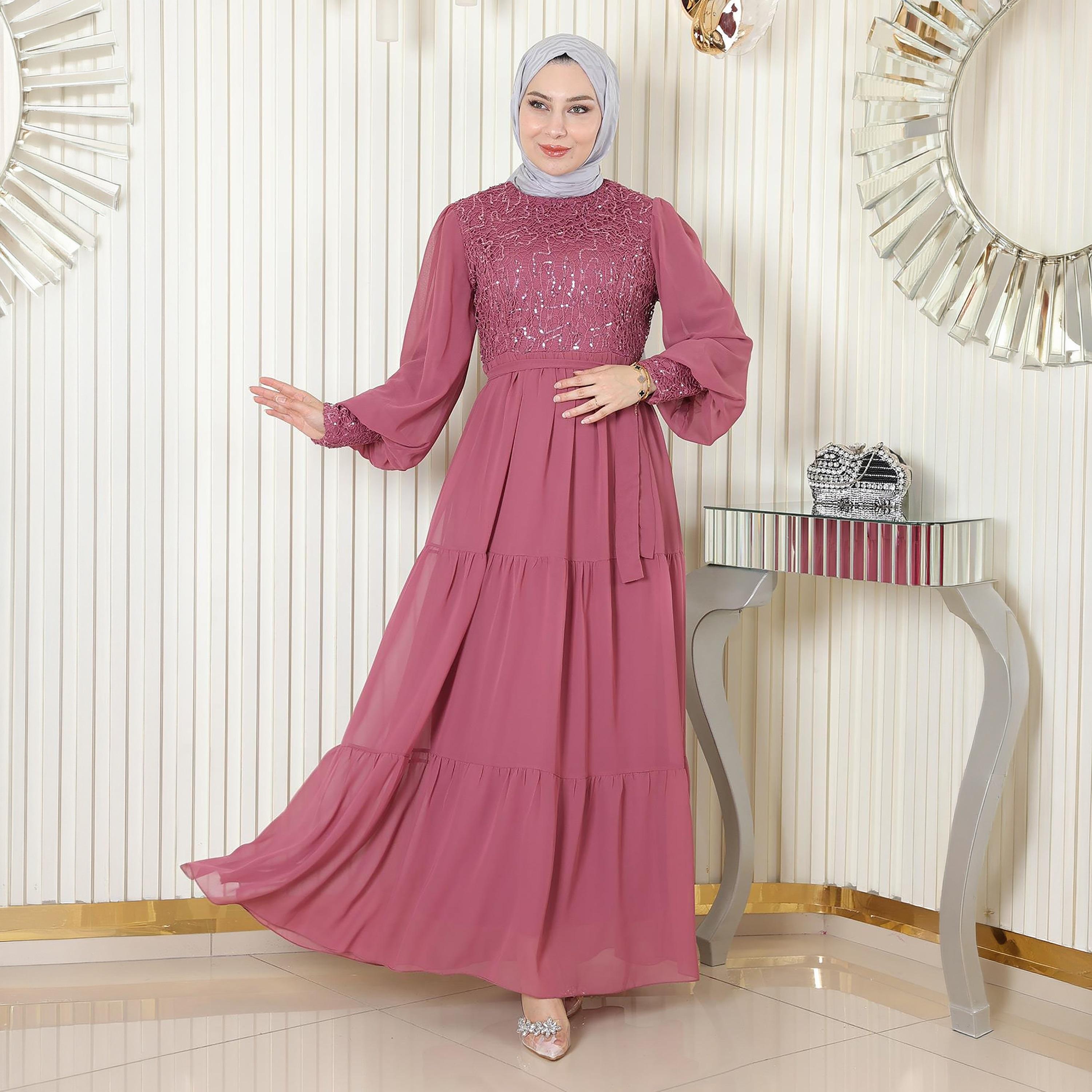 Turkish Souq Sequined Bishop Sleeves Evening Women's Maxi Modest Dress in Chiffon-women-clothing-dresses-image-4
