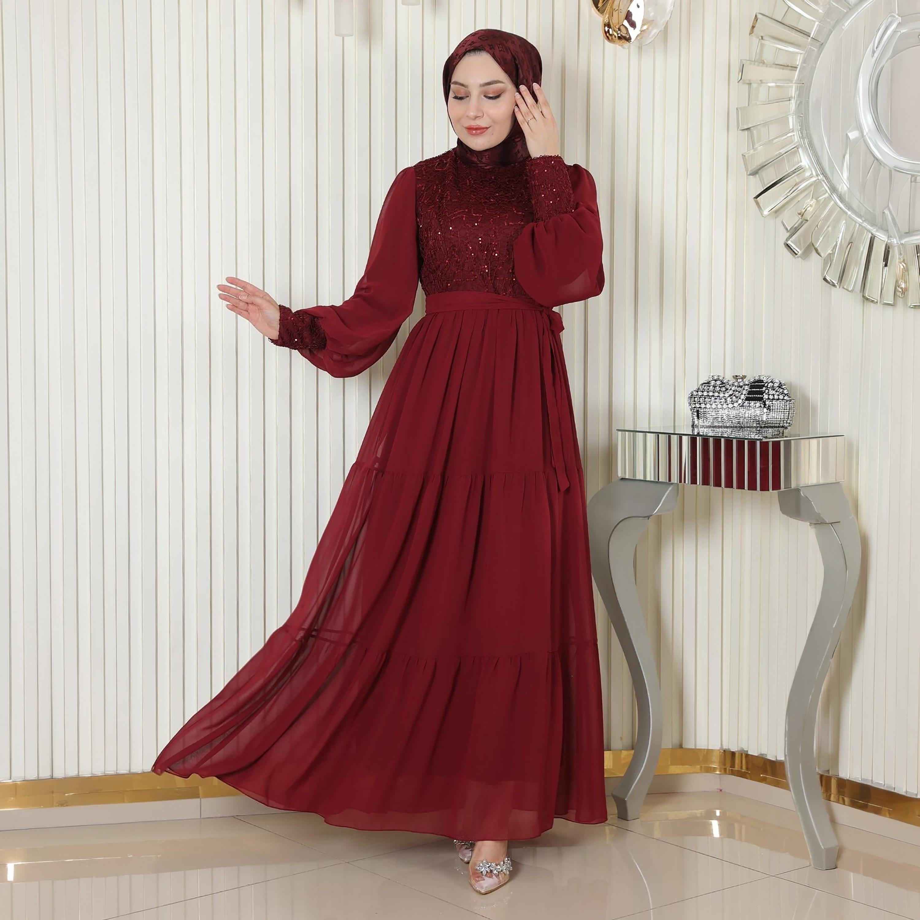Turkish Souq Sequined Bishop Sleeves Evening Women's Maxi Modest Dress in Chiffon-women-clothing-dresses-image-1