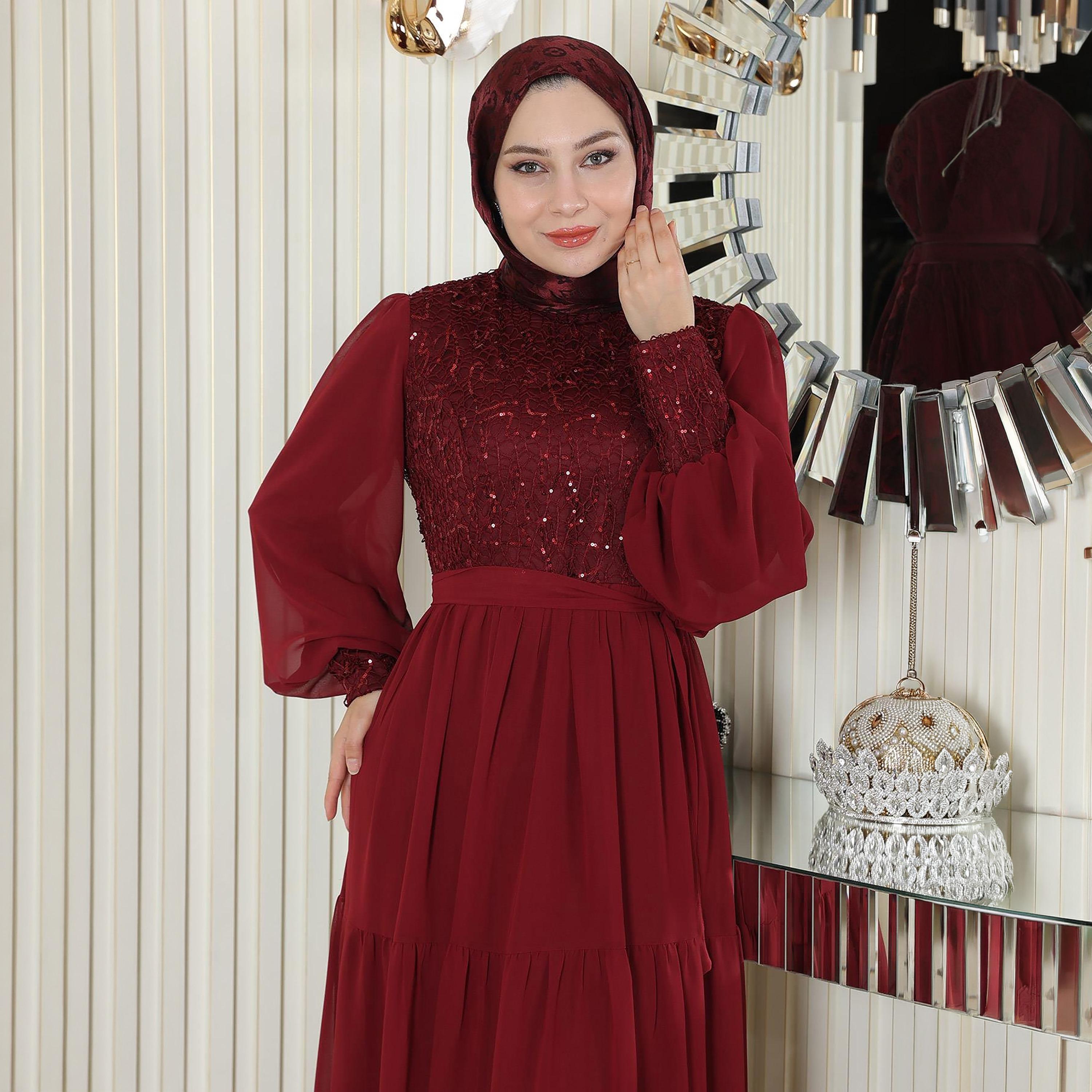 Turkish Souq Sequined Bishop Sleeves Evening Women's Maxi Modest Dress in Chiffon-women-clothing-dresses-image-2