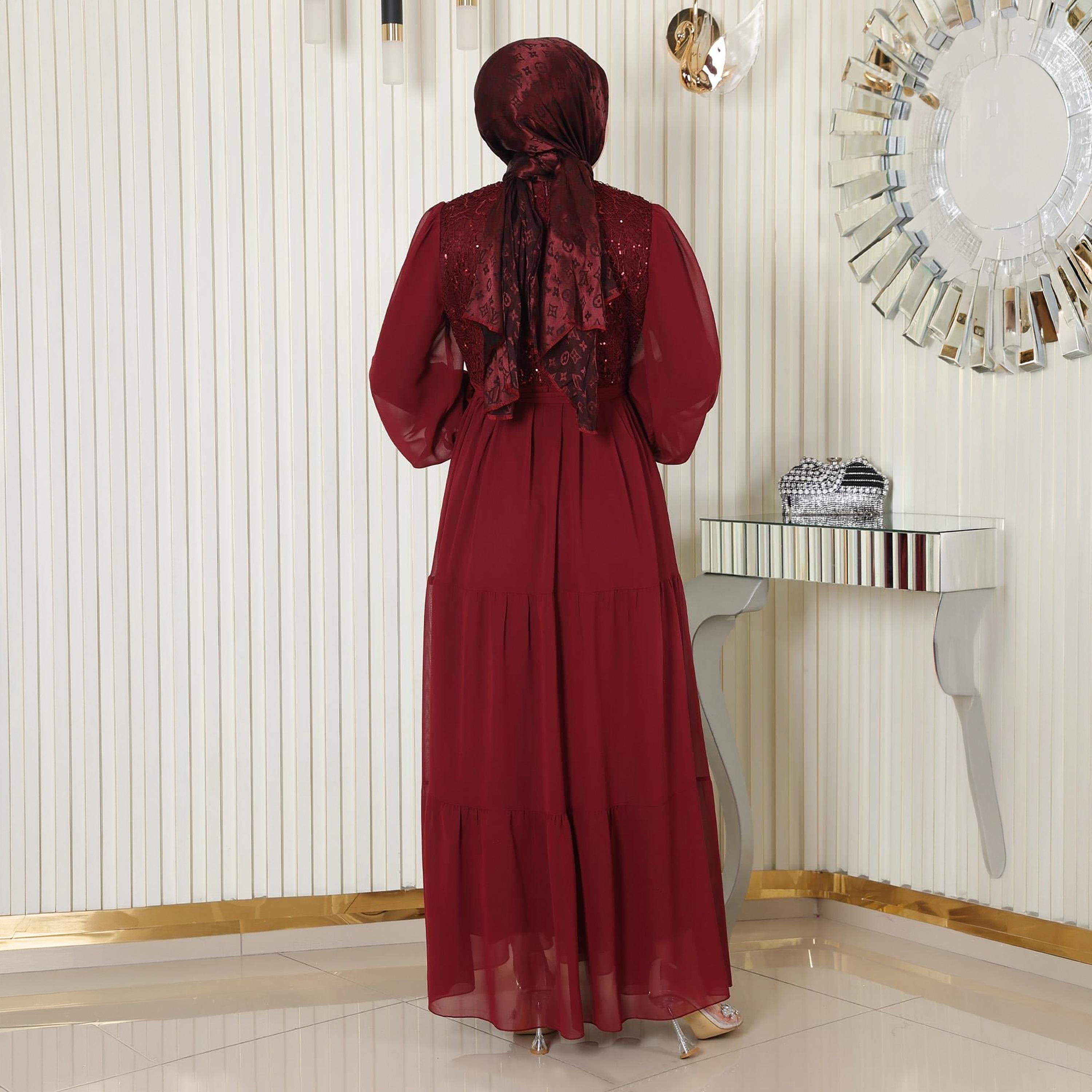 Turkish Souq Sequined Bishop Sleeves Evening Women's Maxi Modest Dress in Chiffon-women-clothing-dresses-image-3
