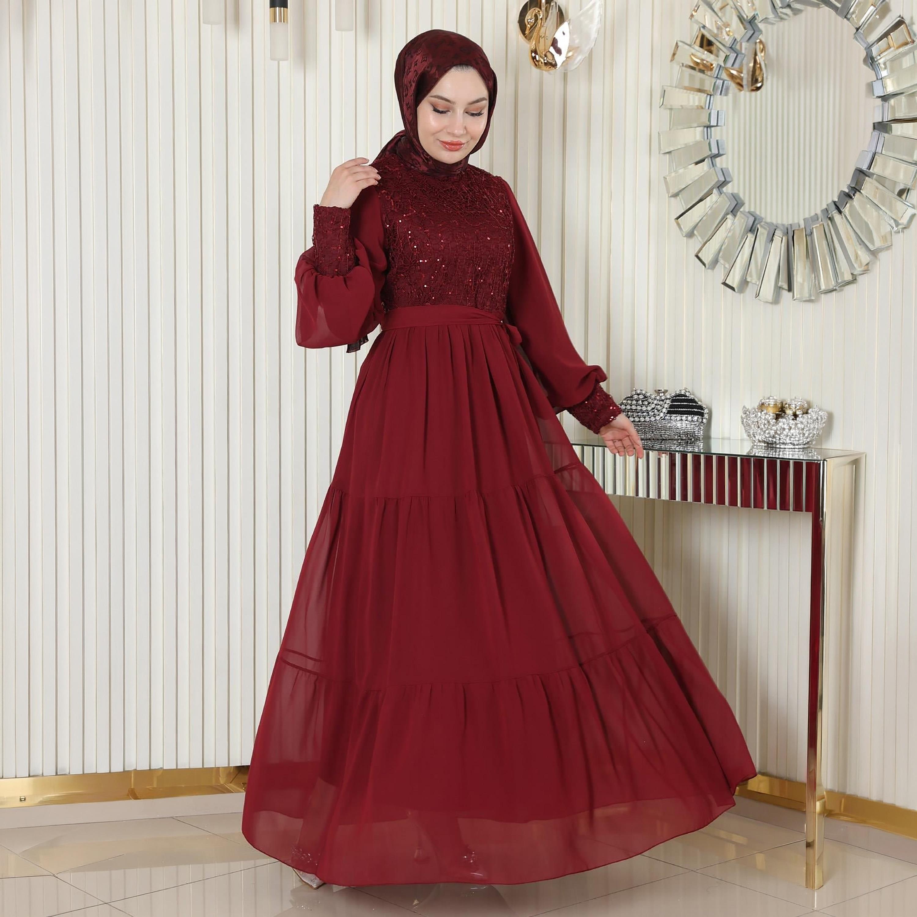 Turkish Souq Sequined Bishop Sleeves Evening Women's Maxi Modest Dress in Chiffon-women-clothing-dresses-image-4