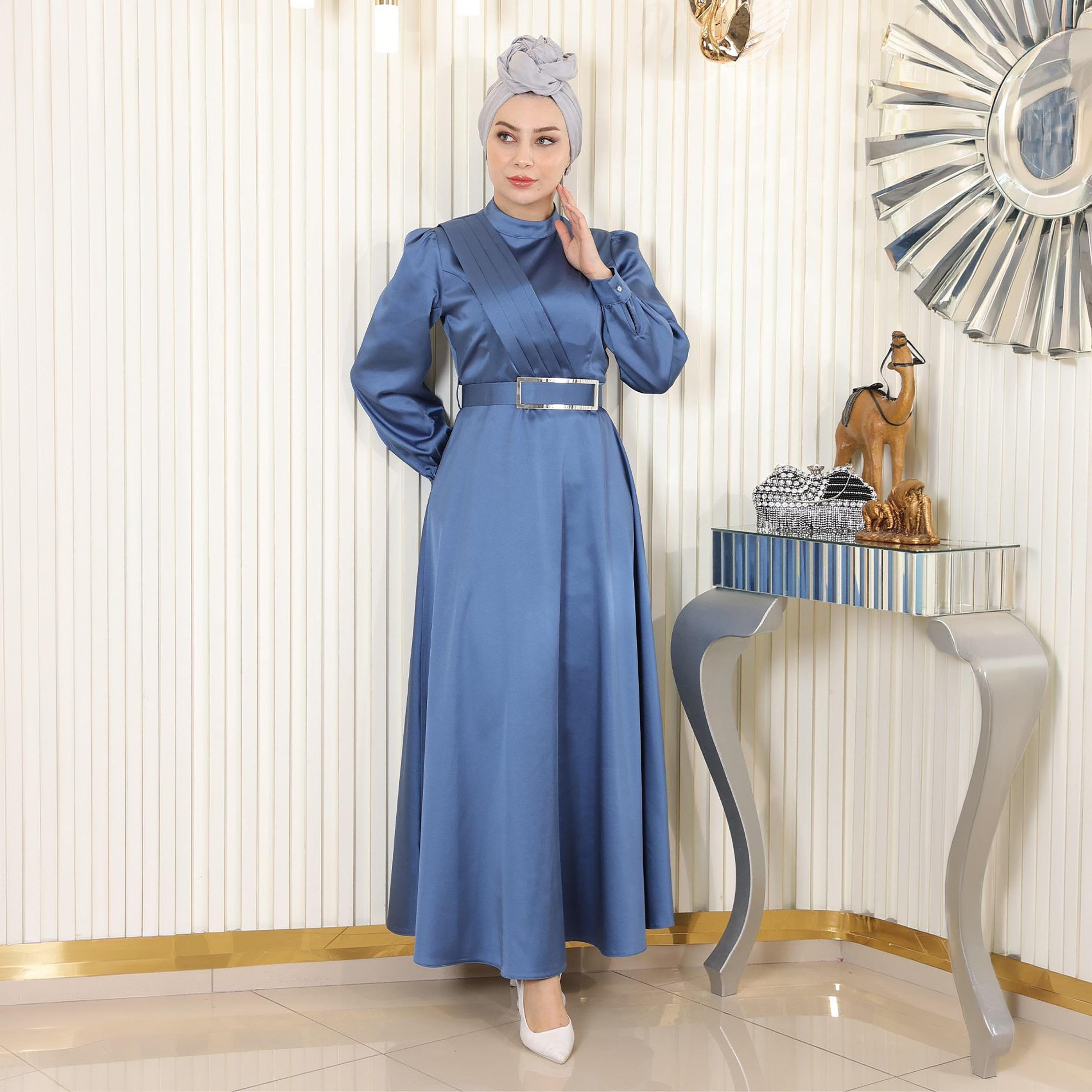 Turkish Souq Pleat Detailed Cuffed Sleeves Evening Women's Maxi Modest Dress in Satin-women-clothing-dresses-image-1