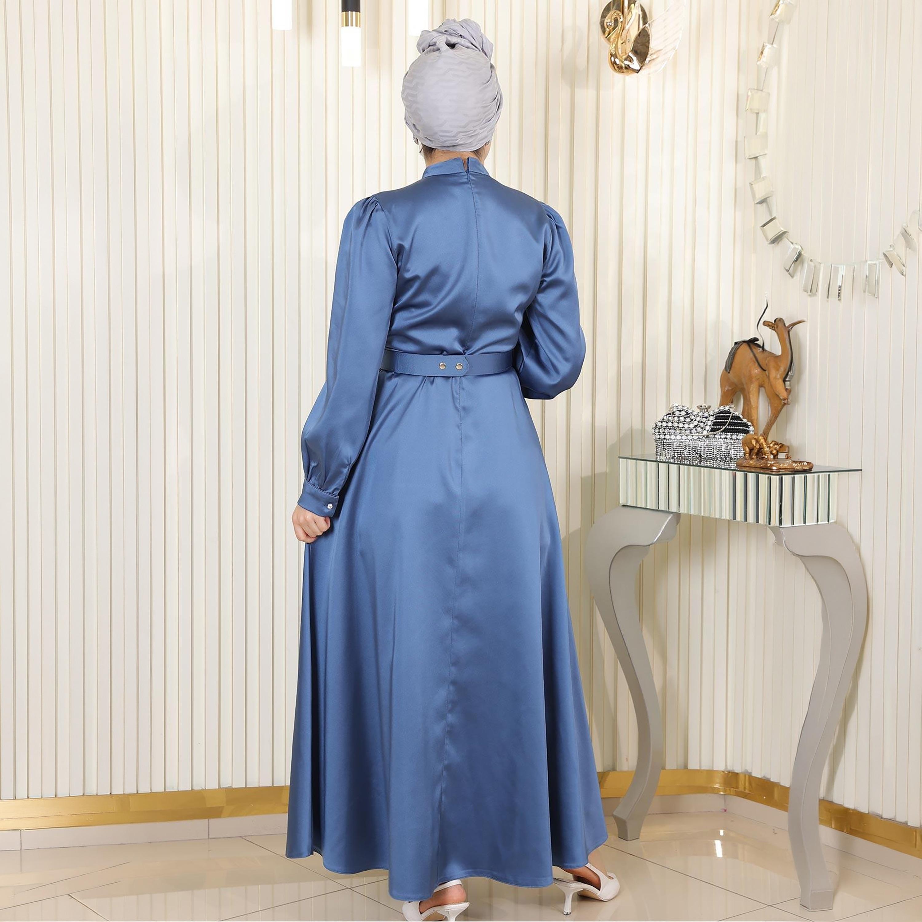 Turkish Souq Pleat Detailed Cuffed Sleeves Evening Women's Maxi Modest Dress in Satin-women-clothing-dresses-image-3