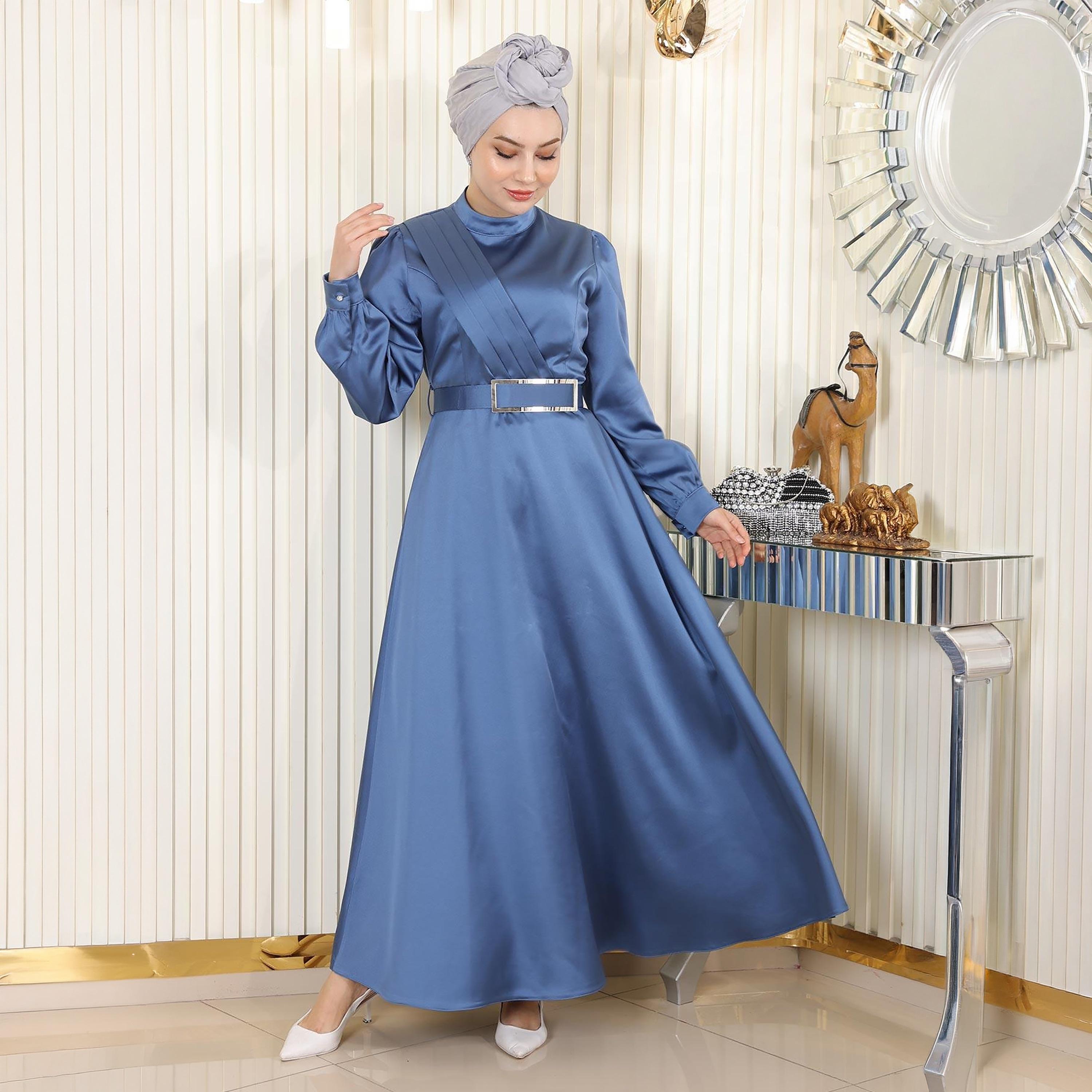 Turkish Souq Pleat Detailed Cuffed Sleeves Evening Women's Maxi Modest Dress in Satin-women-clothing-dresses-image-4