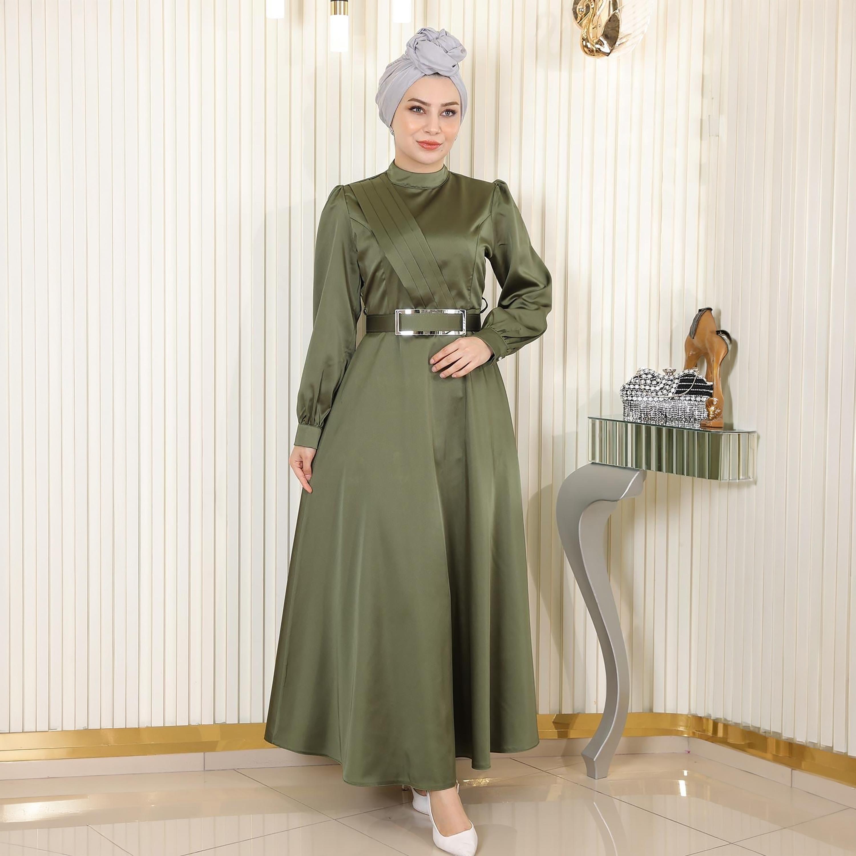 Turkish Souq Pleat Detailed Cuffed Sleeves Evening Women's Maxi Modest Dress in Satin-women-clothing-dresses-image-1