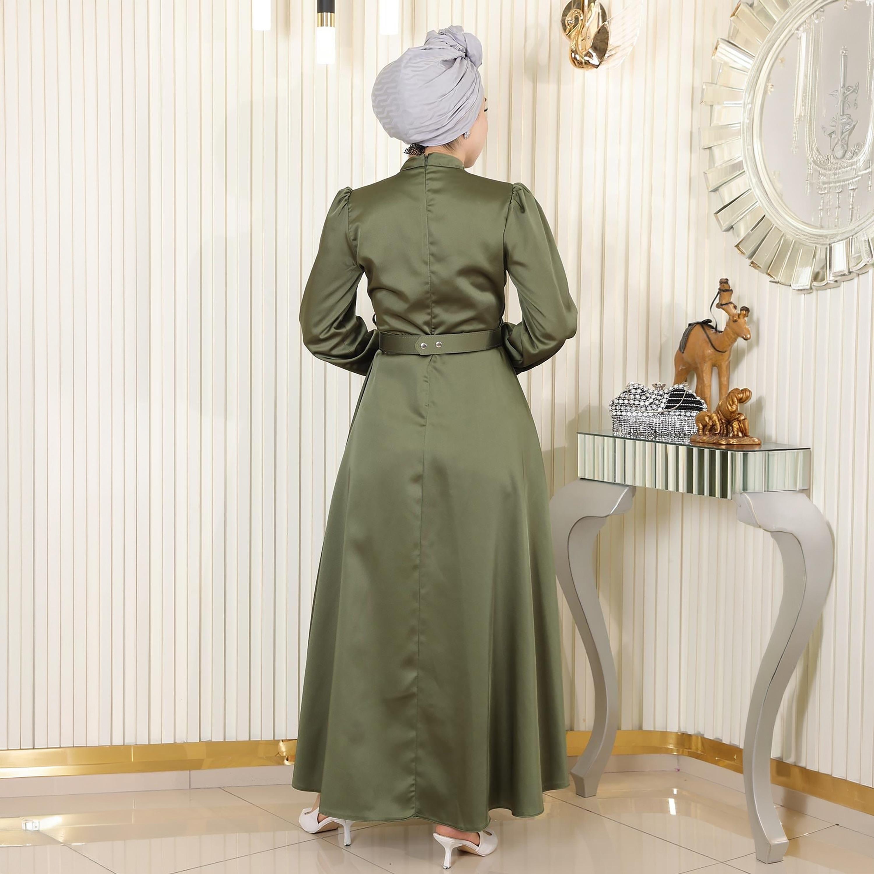 Turkish Souq Pleat Detailed Cuffed Sleeves Evening Women's Maxi Modest Dress in Satin-women-clothing-dresses-image-3