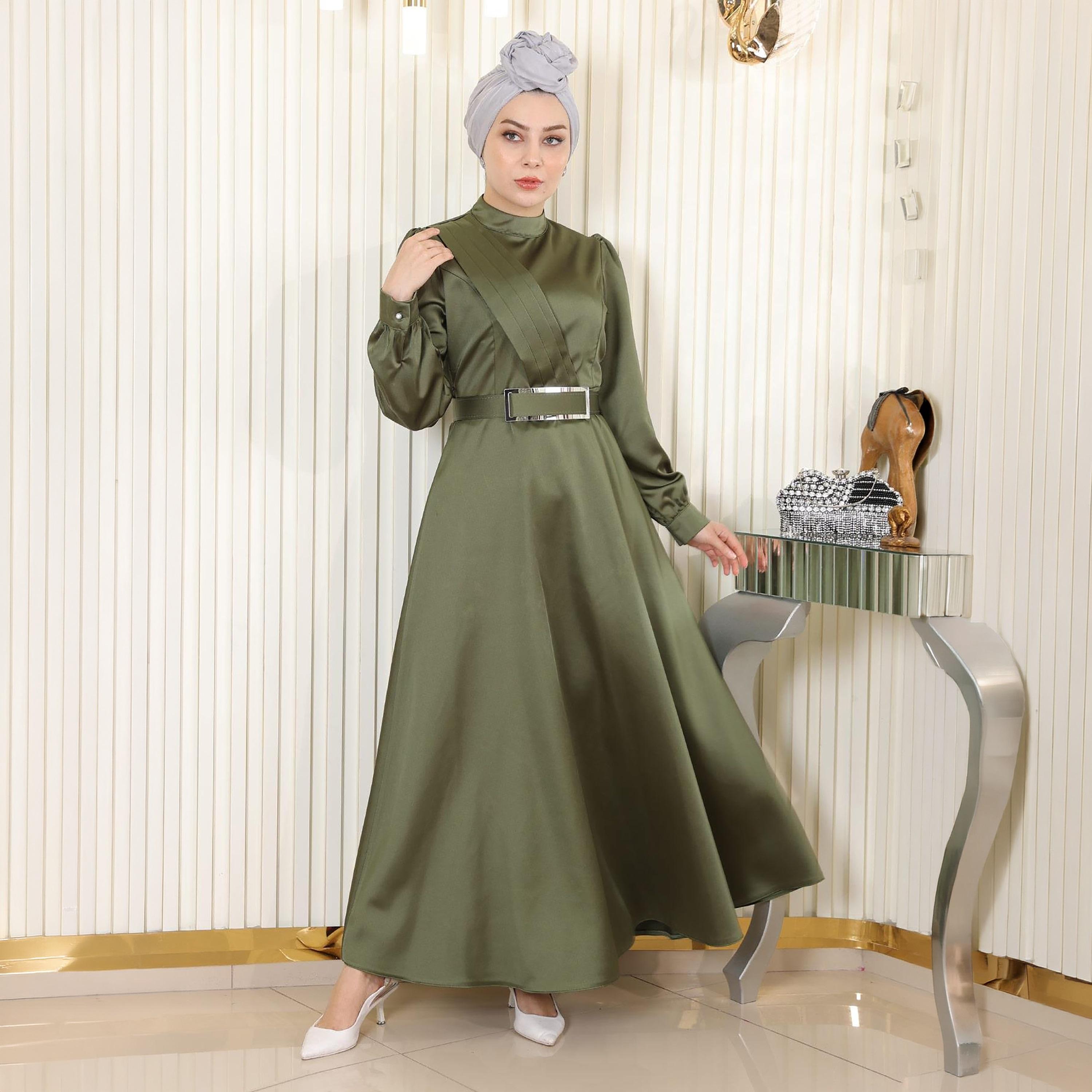 Turkish Souq Pleat Detailed Cuffed Sleeves Evening Women's Maxi Modest Dress in Satin-women-clothing-dresses-image-4