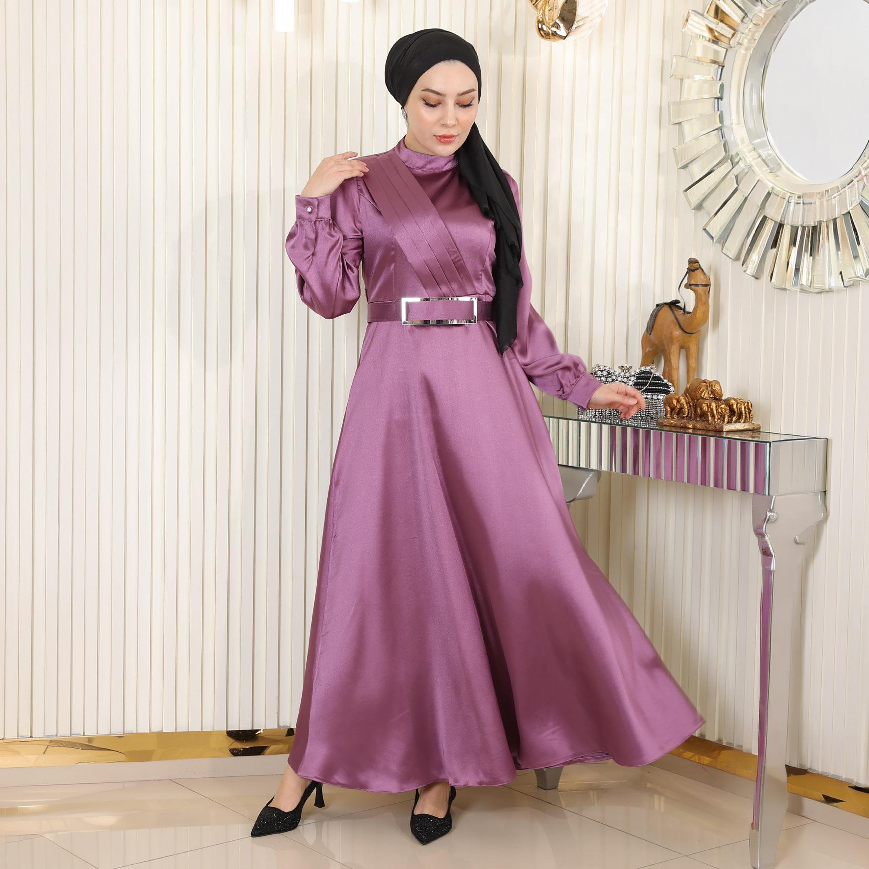 Turkish Souq Pleat Detailed Cuffed Sleeves Evening Women's Maxi Modest Dress in Satin-women-clothing-dresses-image-1
