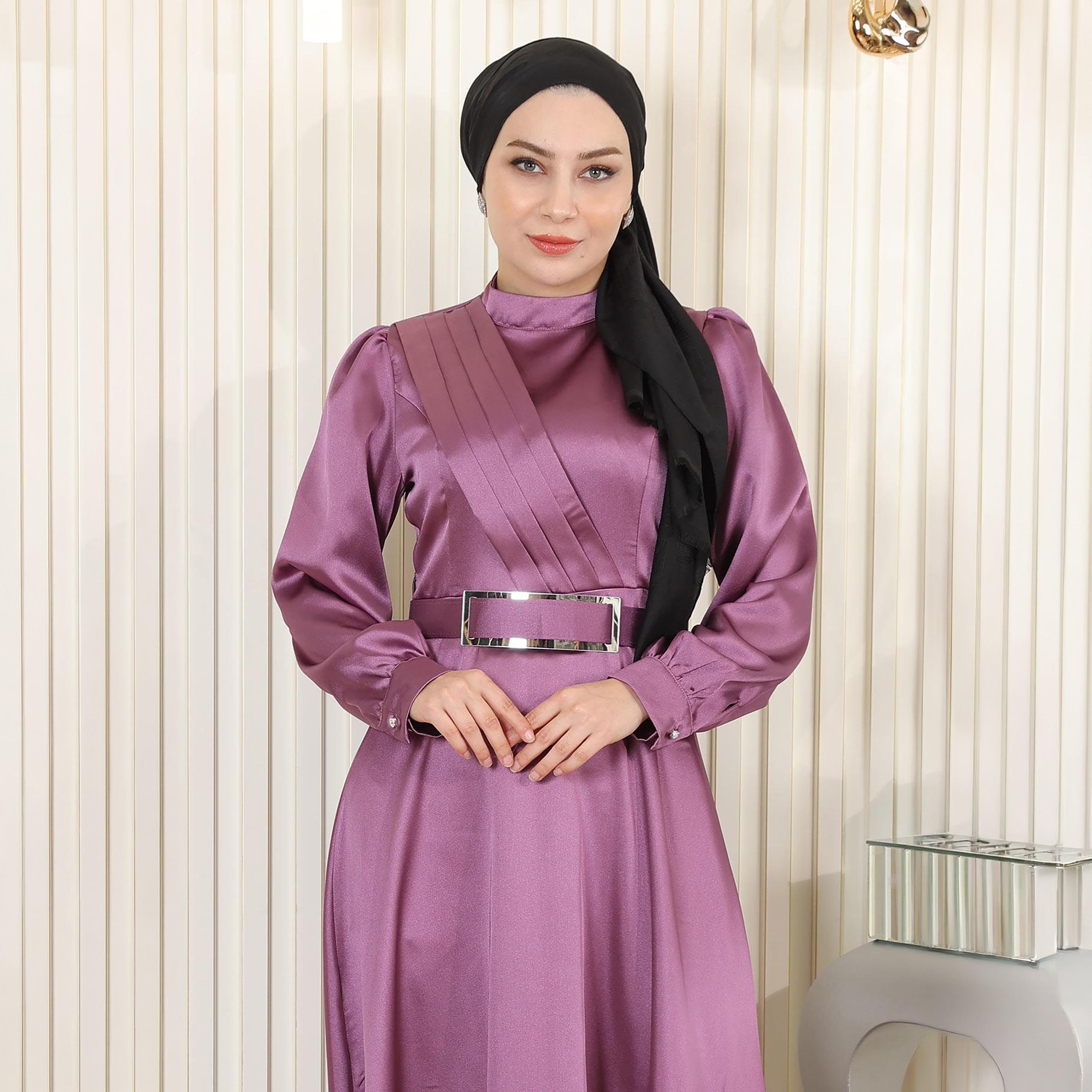 Turkish Souq Pleat Detailed Cuffed Sleeves Evening Women's Maxi Modest Dress in Satin-women-clothing-dresses-image-2